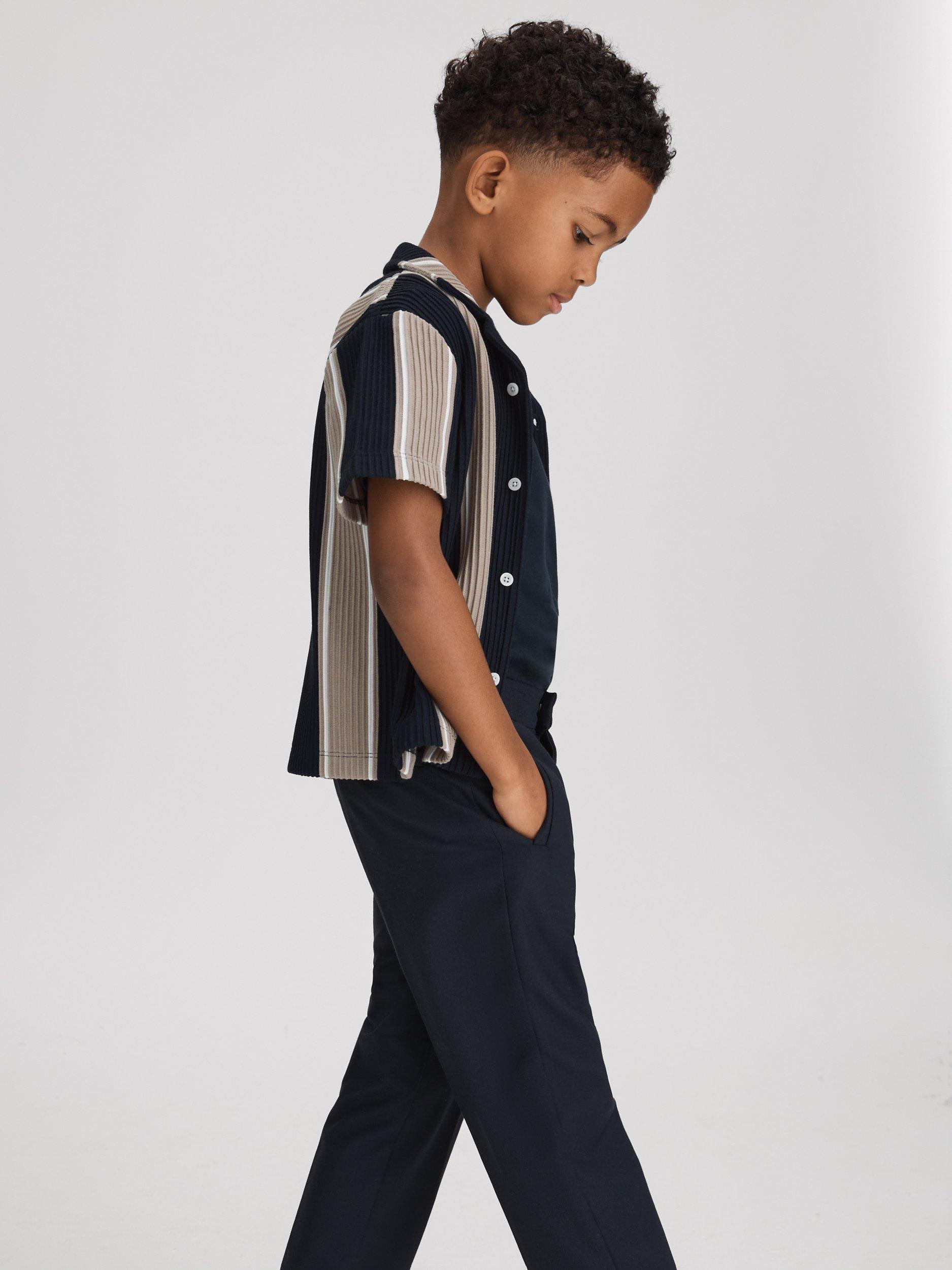 Reiss Kids' Alton Stripe Cuban Short Sleeve Shirt, Navy/Stone