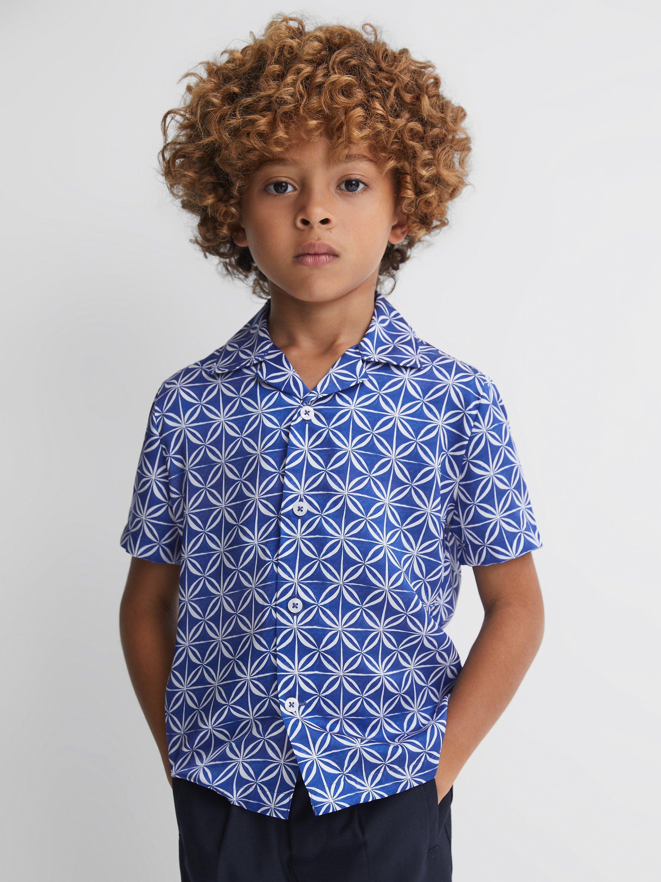 Reiss Kids' Tintipan Floral Geometric Print Cuban Collar Shirt, Bright Blue/White