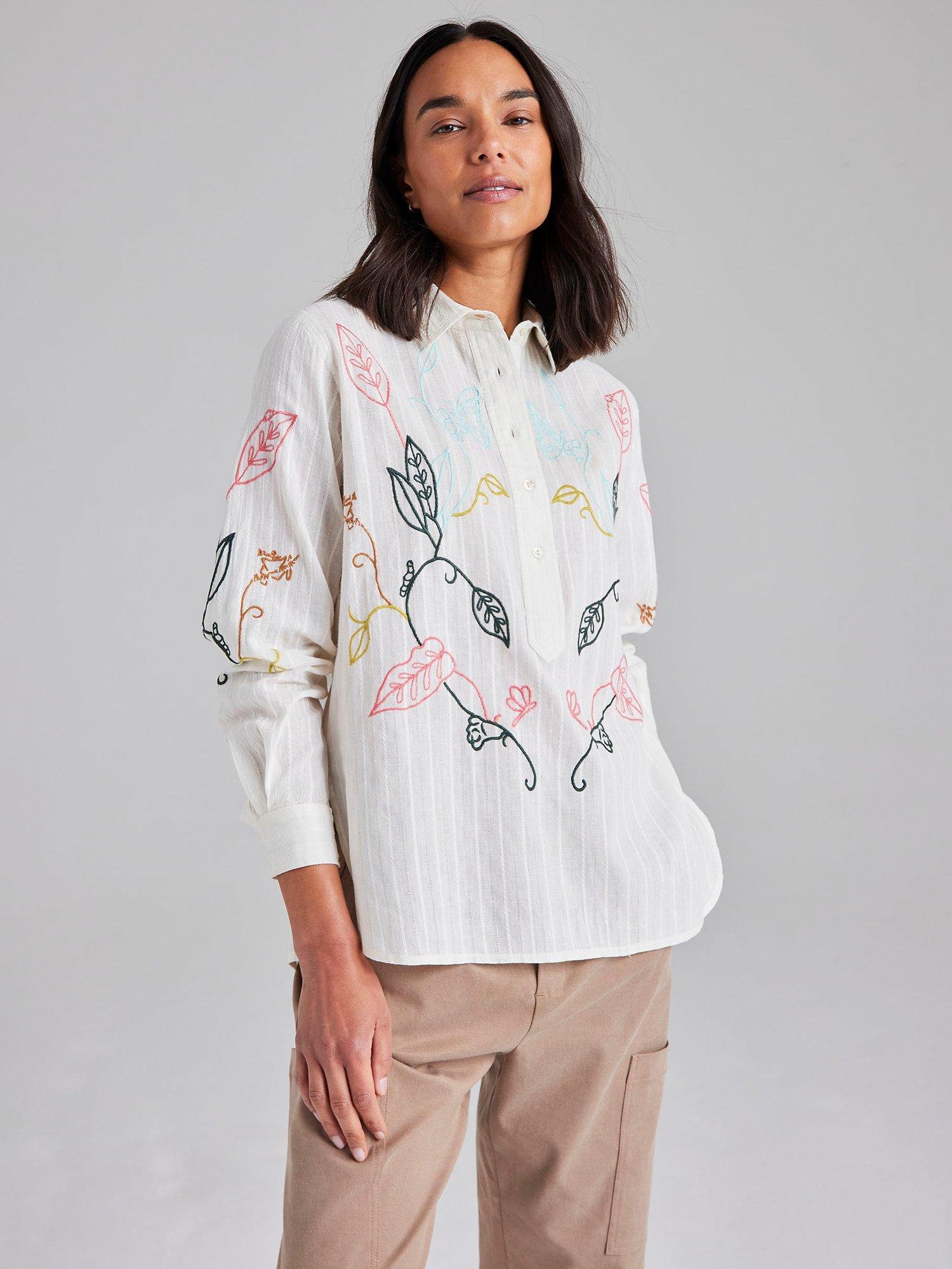 Cape Cove Botanical Embroidered Dobby Stripe Shirt, Dubarry/Chalk