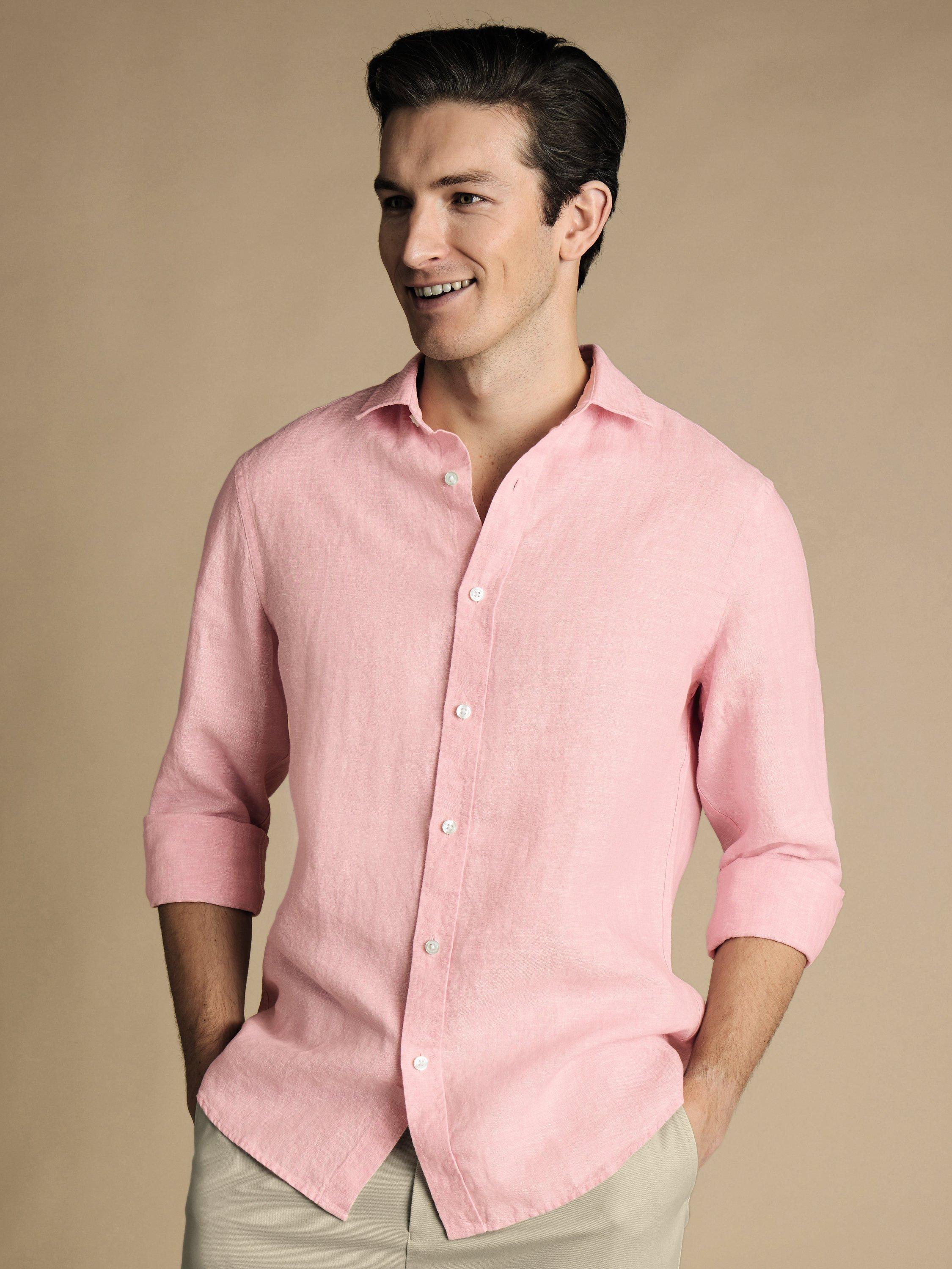 Product image 1 of 6, which shows Charles Tyrwhitt Slim Fit Linen Shirt, Pink, S