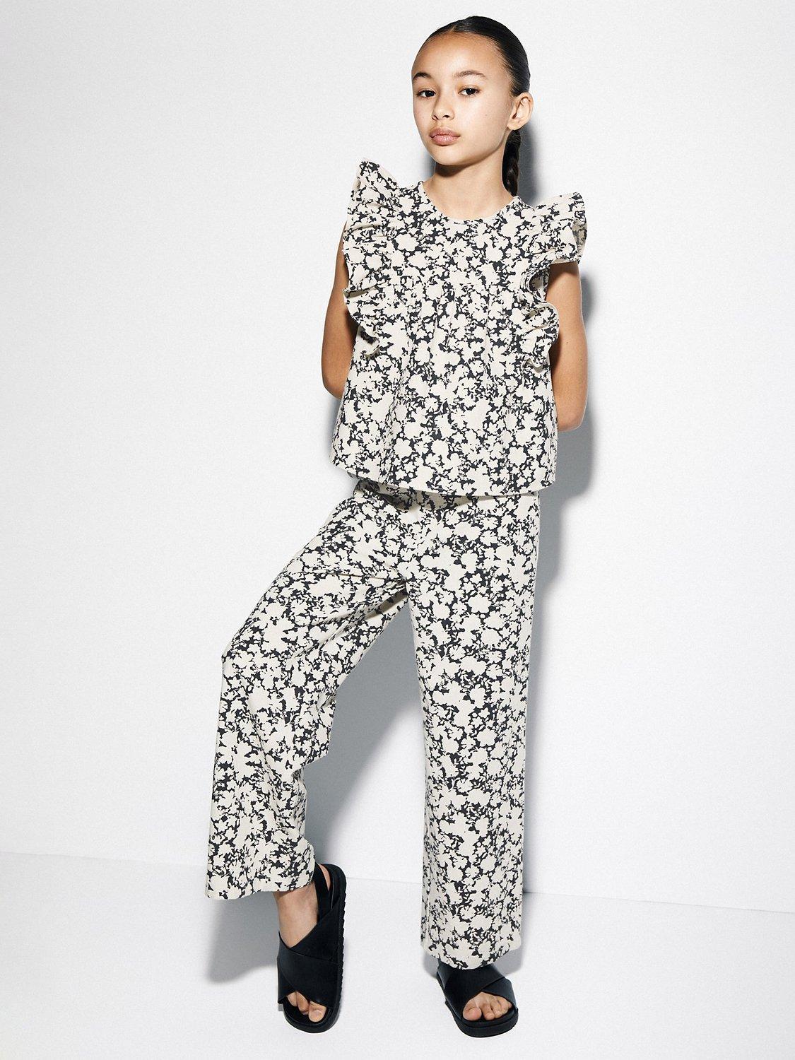 Mango Kids' Mandy Floral Print Wide Leg Trousers, Black