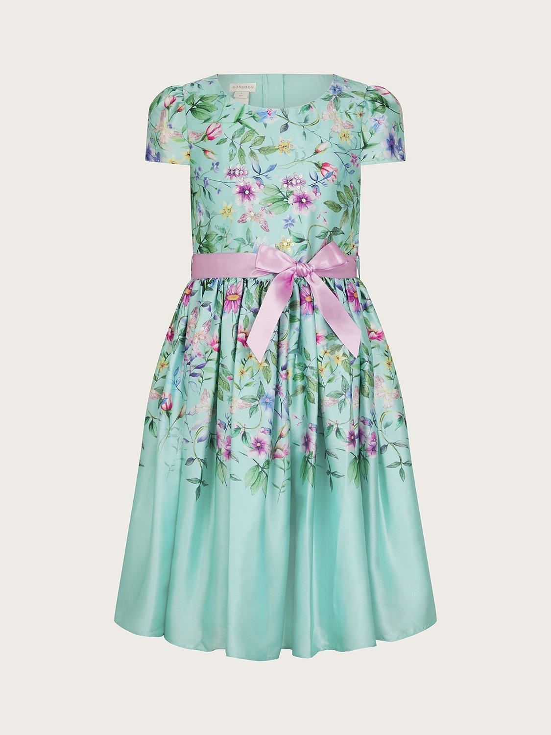 Monsoon Kids' Botanical Print Satin Dress, Green/Multi