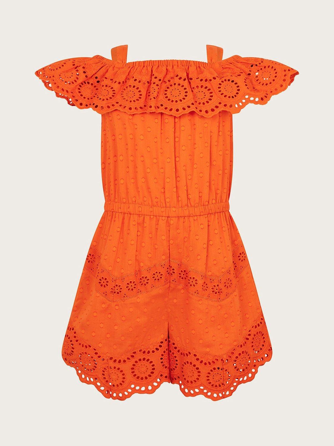 Monsoon Kids' Shiffley Broderie Hanky Playsuit, Orange