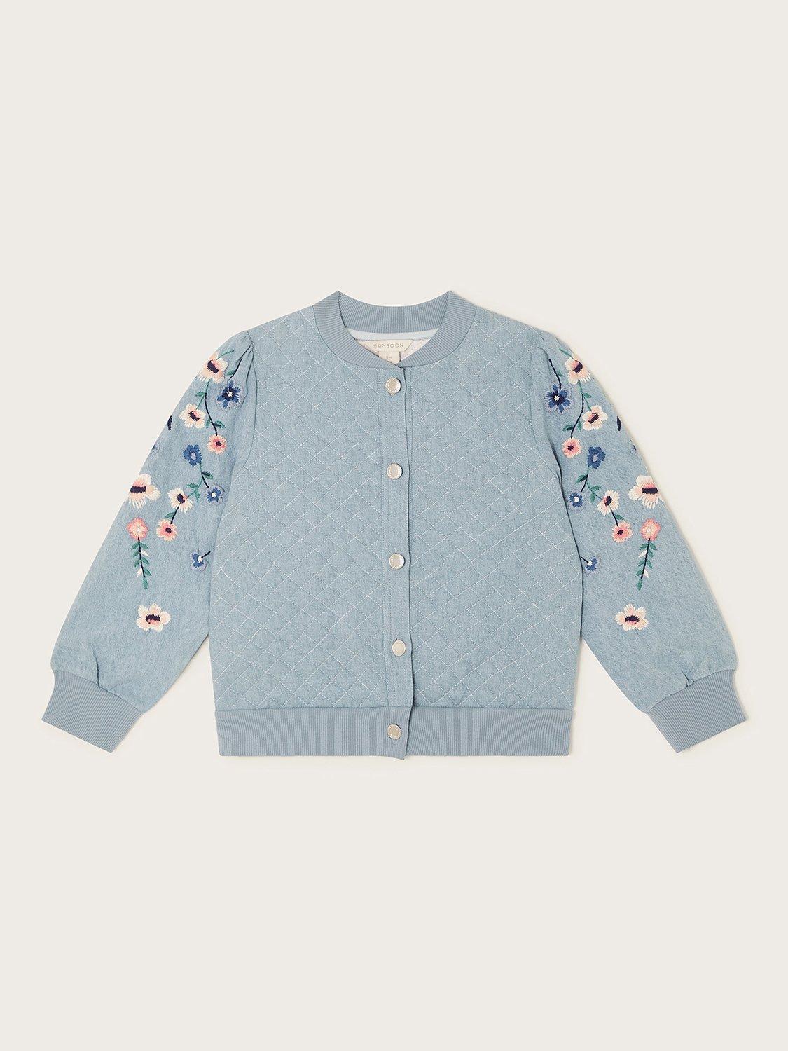 Monsoon Kids' Chambray Floral Embroidered Bomber Jacket, Blue