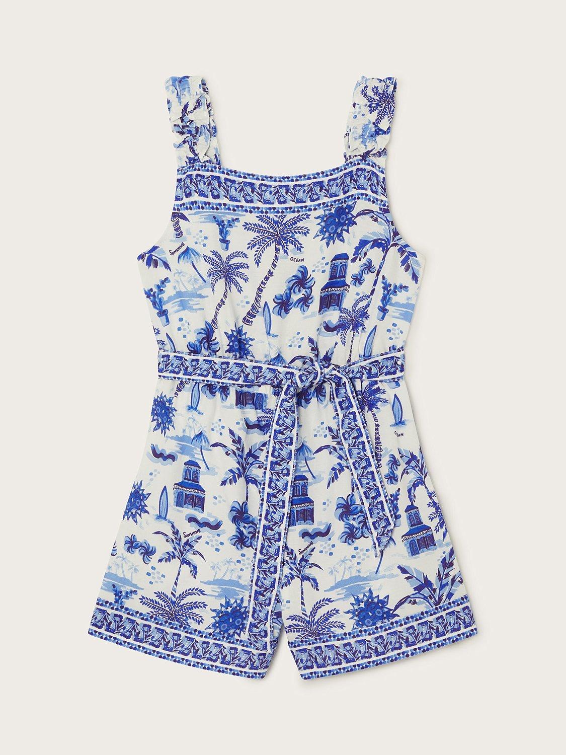 Monsoon Kids' Resort Border Trim Playsuit, Blue