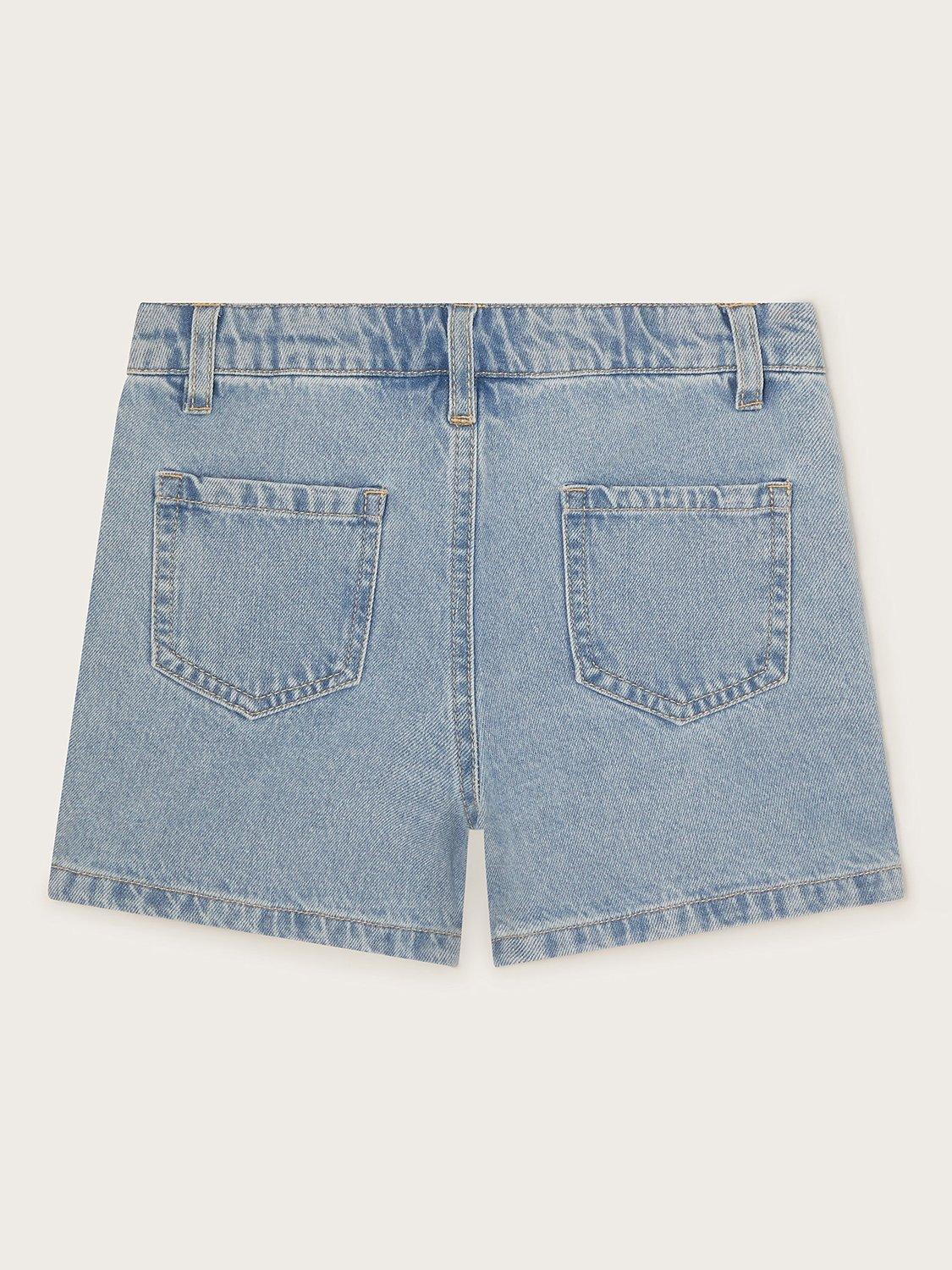 Product image 2 of 3, which shows Monsoon Kids' Floral Embroidered Denim Shorts, Blue, 3 years