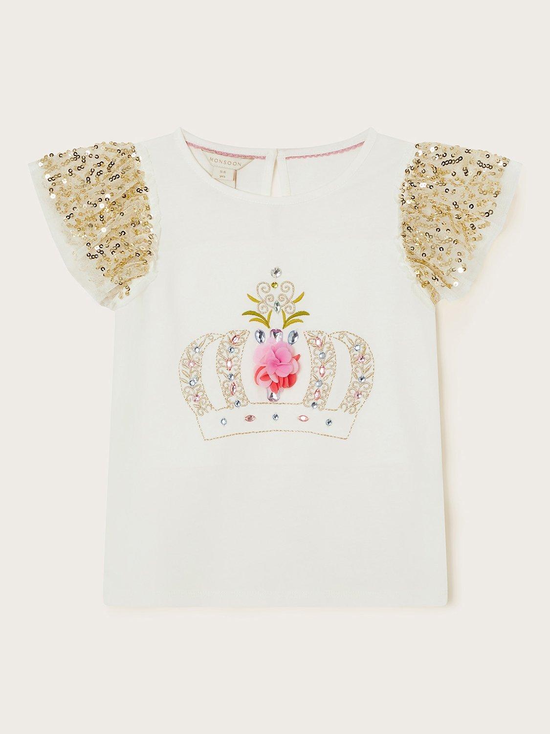 Monsoon Kids' Crown Embellished T-Shirt, White/Multi, White/Multi