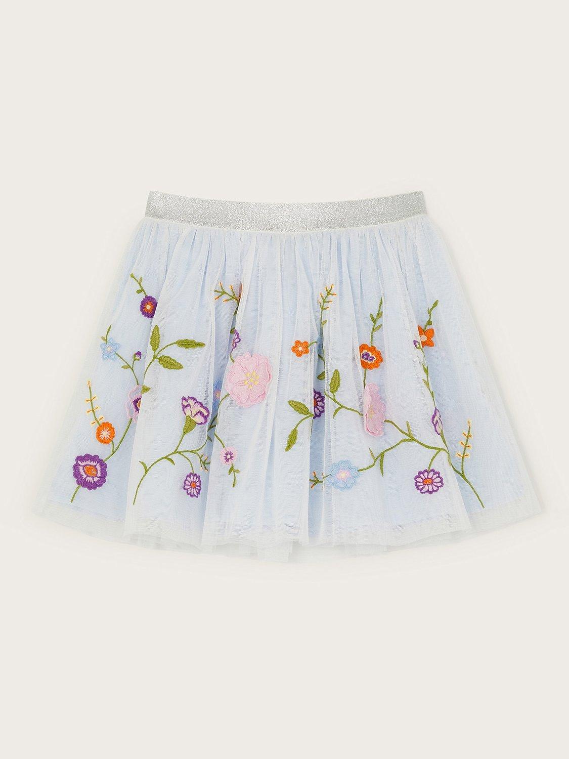 Monsoon Kids' Floral Embroidered Skirt, Blue/Multi