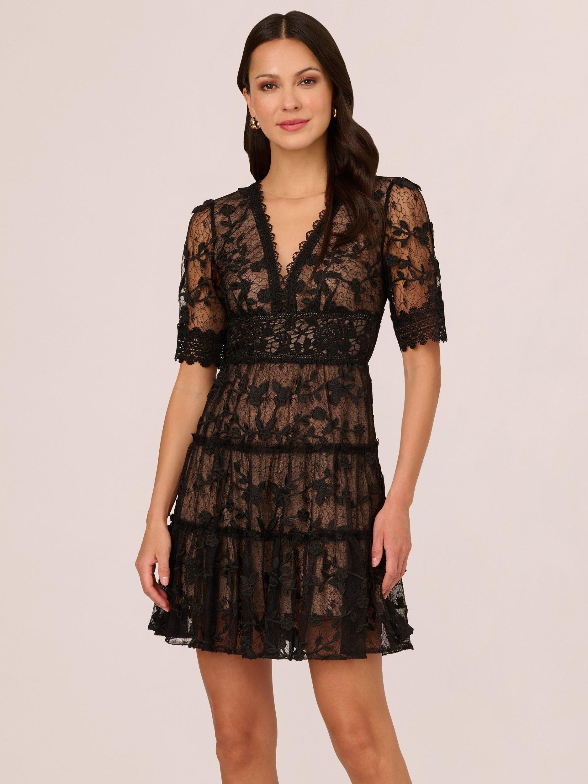 Adrianna Papell Lace Embroidery Mini Dress Black Nude