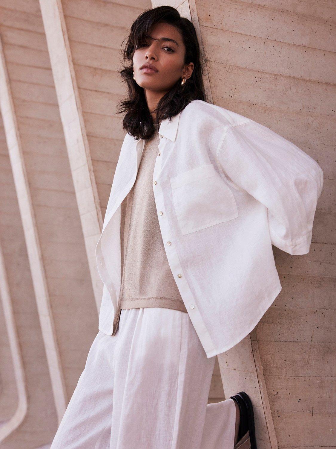 Mint Velvet Linen Collared Shirt, White Ivory