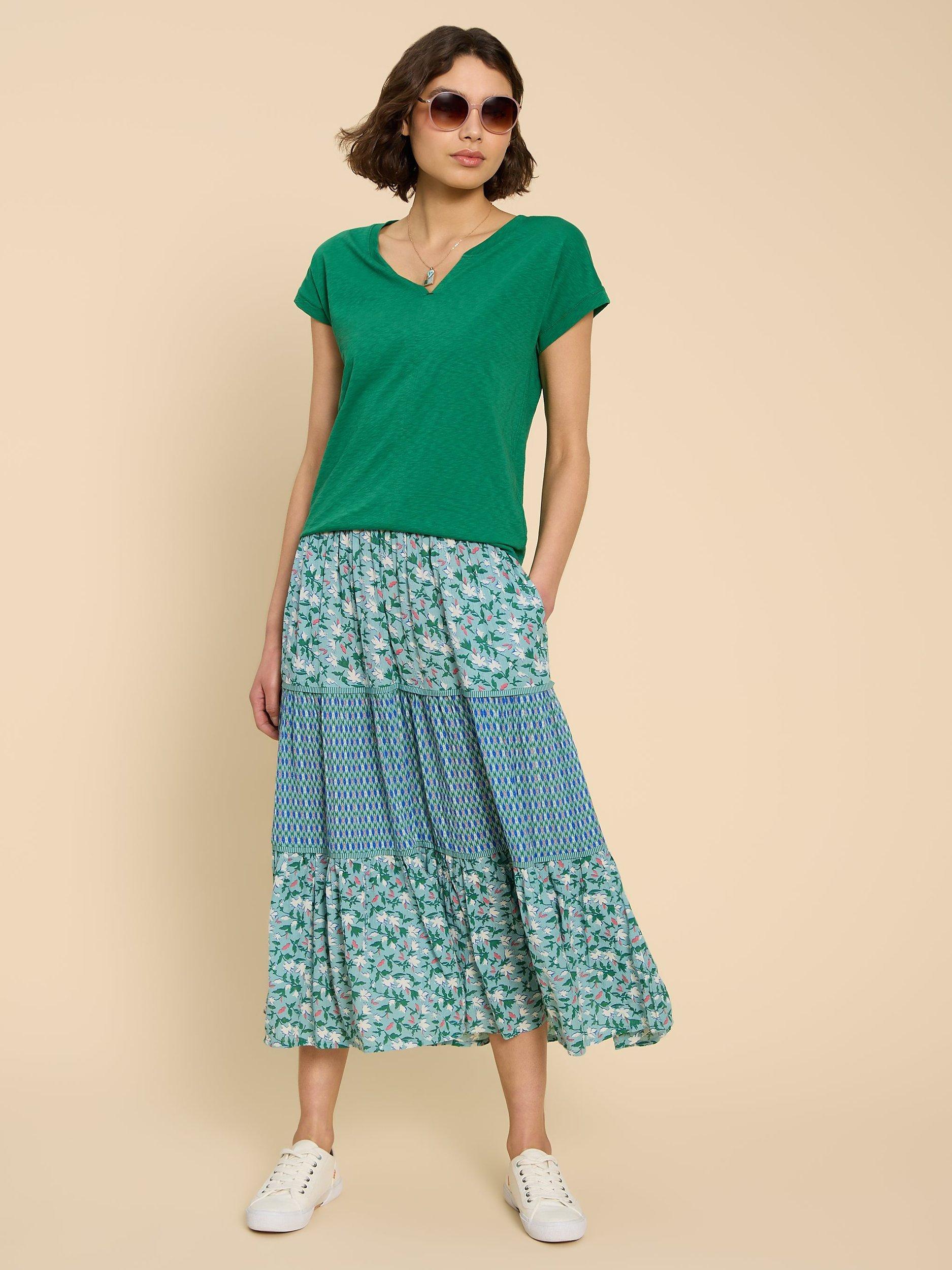 White Stuff Mabel Mixed Print Tiered Midi Skirt Teal Multi