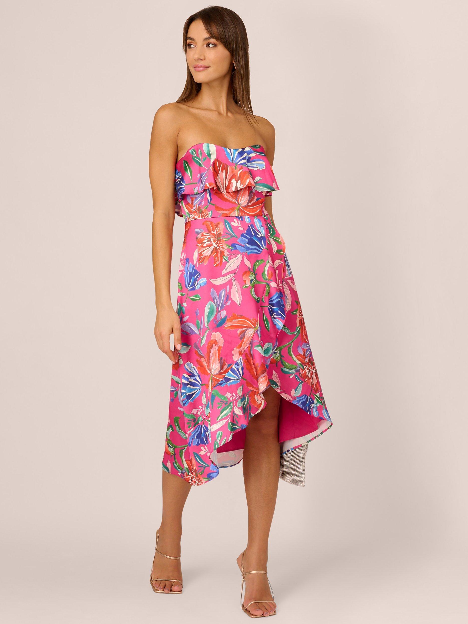 Adrianna by Adrianna Papell Floral Asymmetric Hem Midi Sateen Bandeau Dress, Pink/Multi
