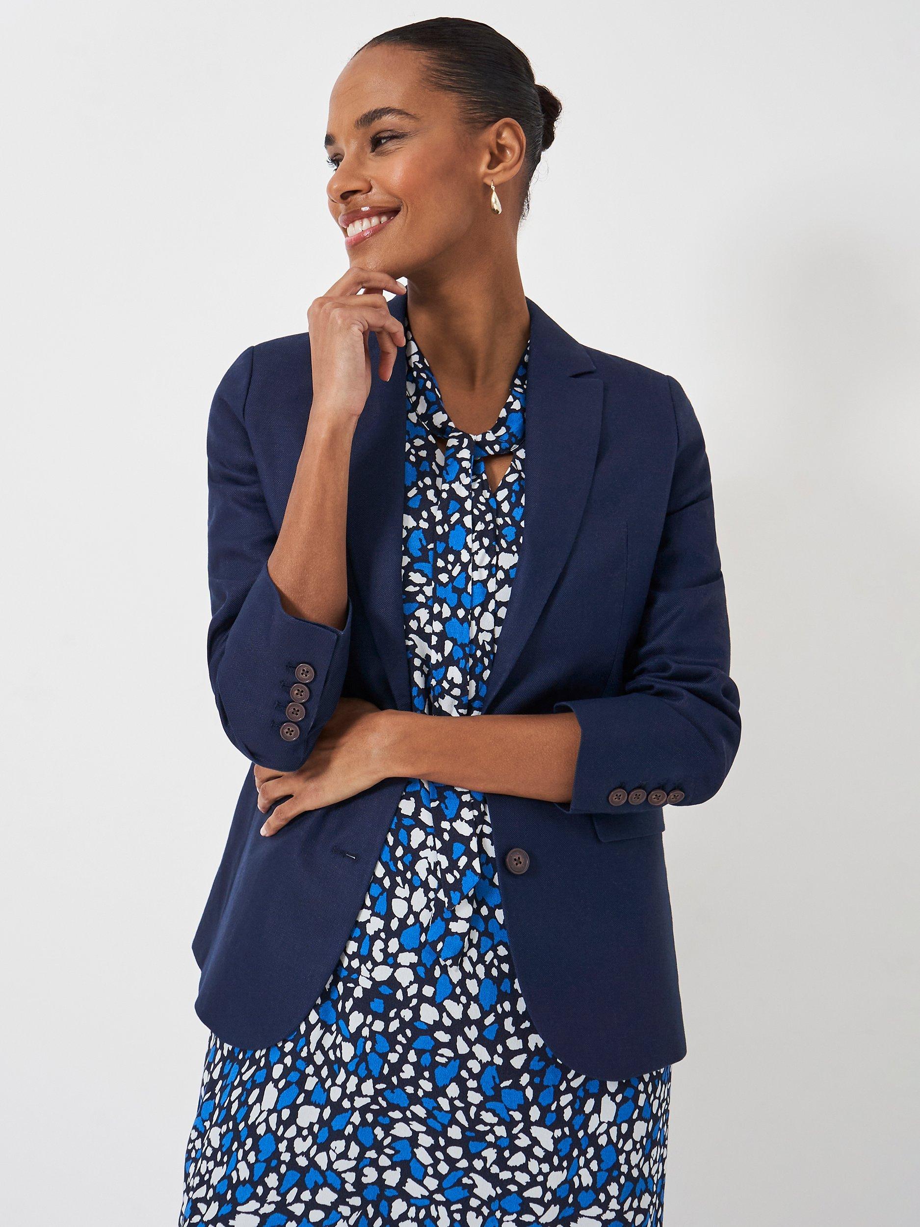 Crew Clothing Linen Blend Longline Blazer, Navy Blue