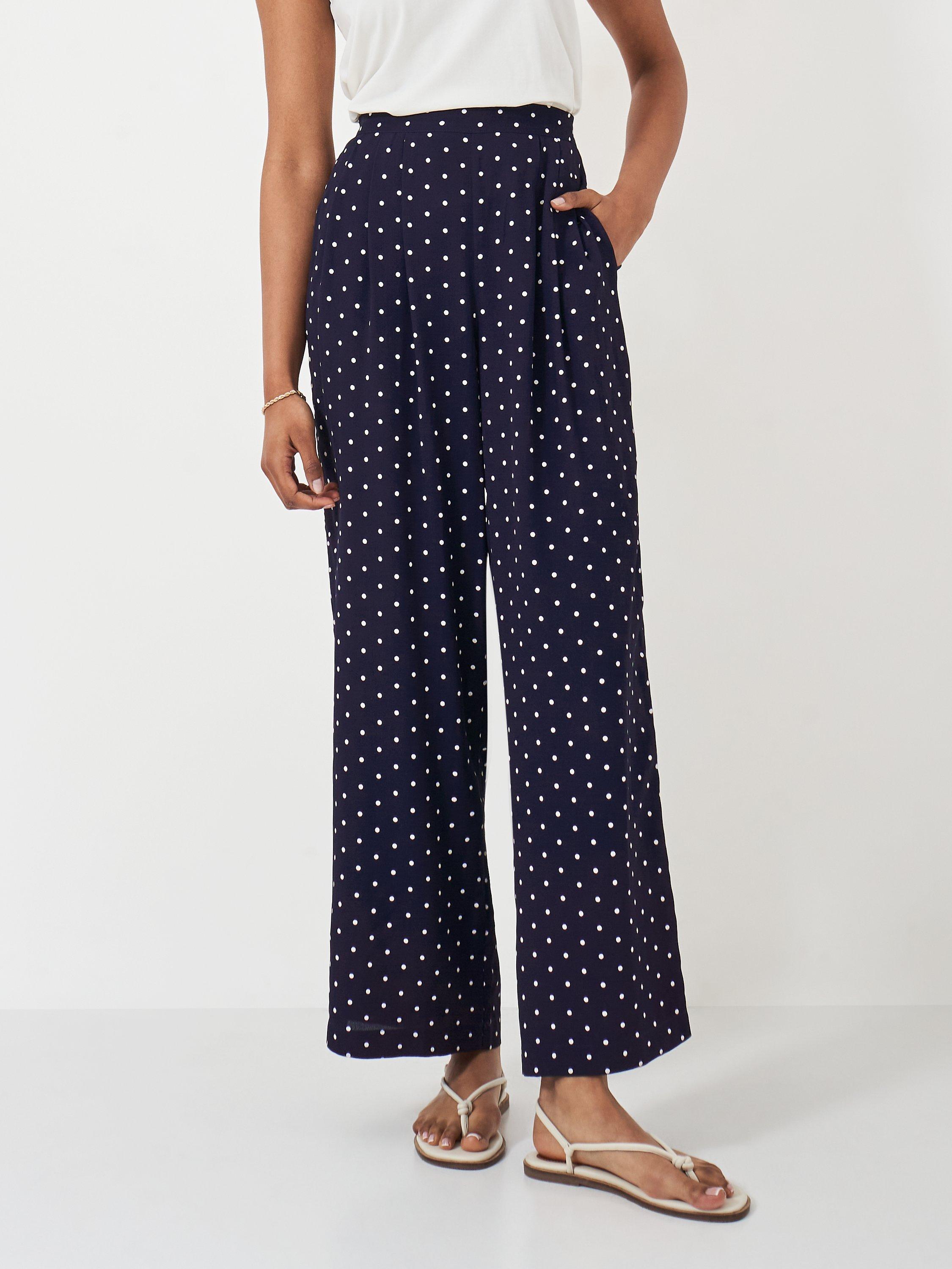 Crew Clothing Dion Wide Leg Polka Dot Trousers, Navy/White