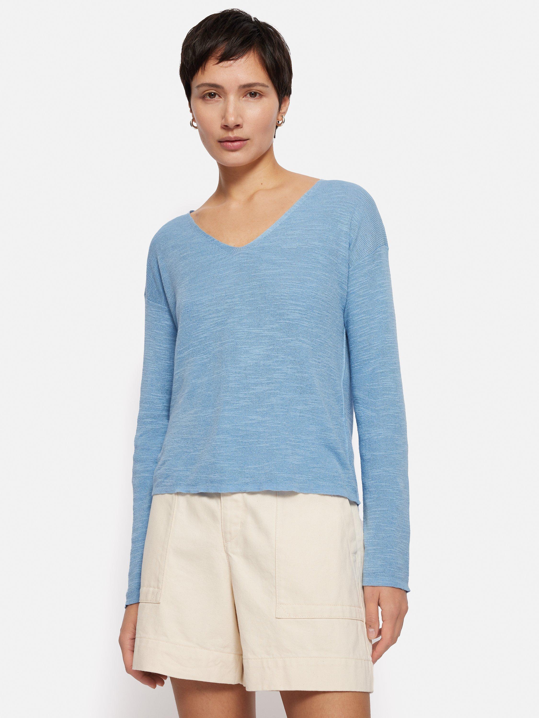 Jigsaw Linen Cotton Blend V-Neck Jumper, Blue