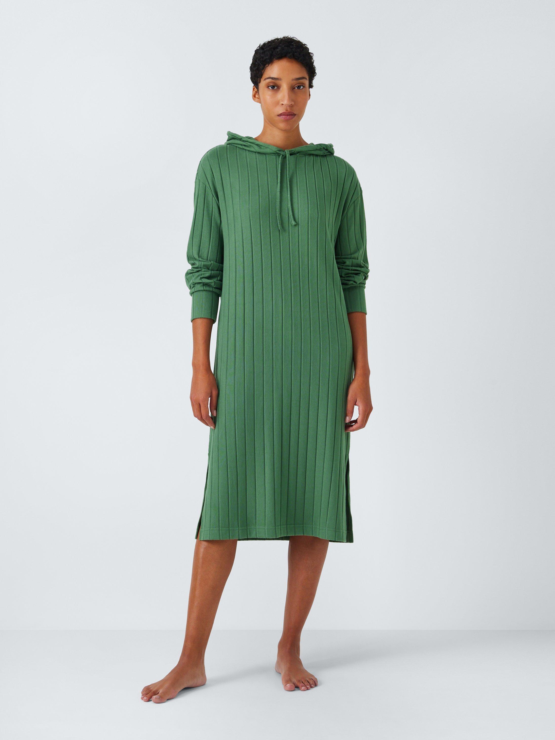 Product image 1 of 6, which shows John Lewis Rib Knit Hooded Lounge Dress, Khaki, S