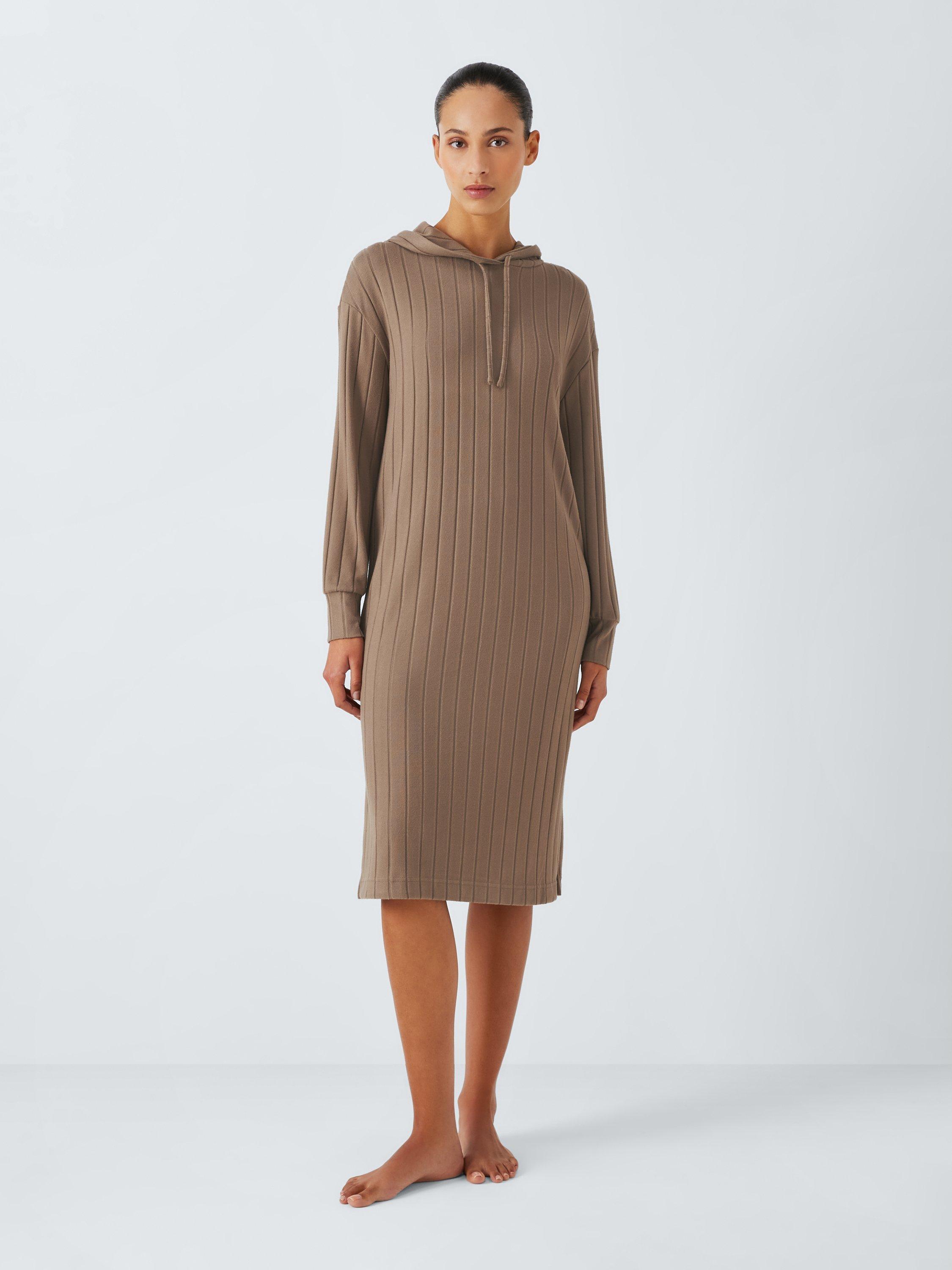 Product image 1 of 6, which shows John Lewis Rib Knit Hooded Lounge Dress, Caramel, S