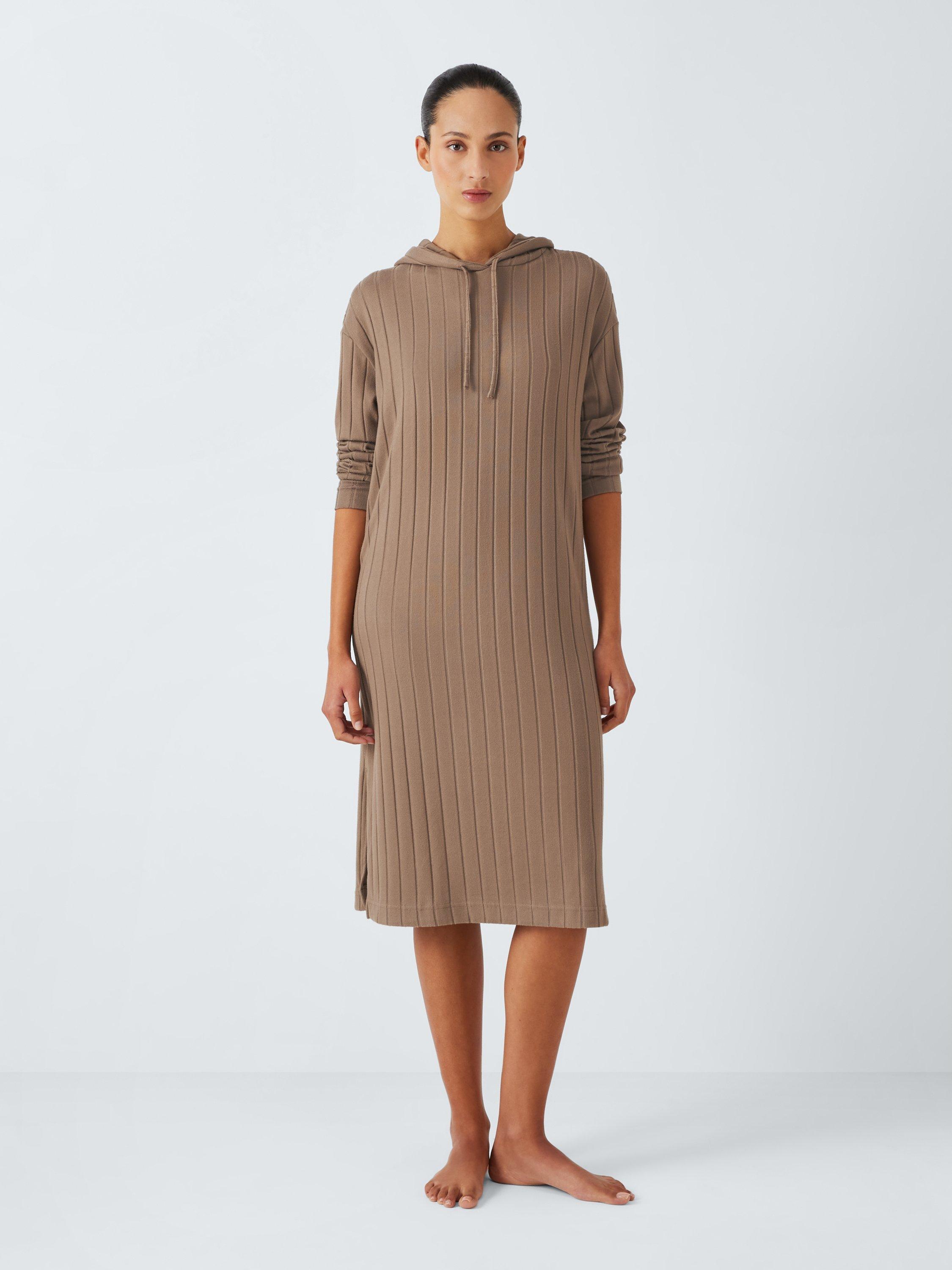 Product image 3 of 6, which shows John Lewis Rib Knit Hooded Lounge Dress, Caramel, S