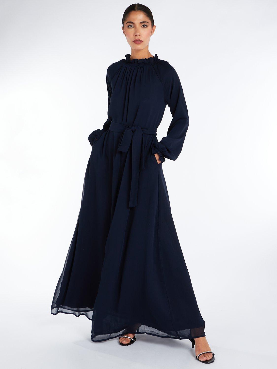Product image 1 of 4, which shows Aab Frill Neck Maxi Dress, Navy, S Regular