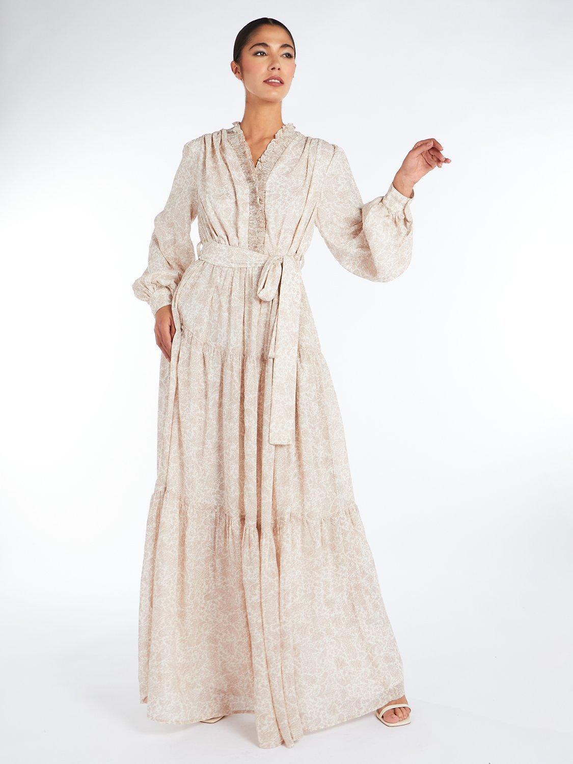 Aab Volantes Ruffle Neck Tiered Maxi Dress, Beige