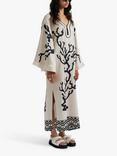 Malina Manon Reef Print Satin Kaftan Dress, Cream/Black