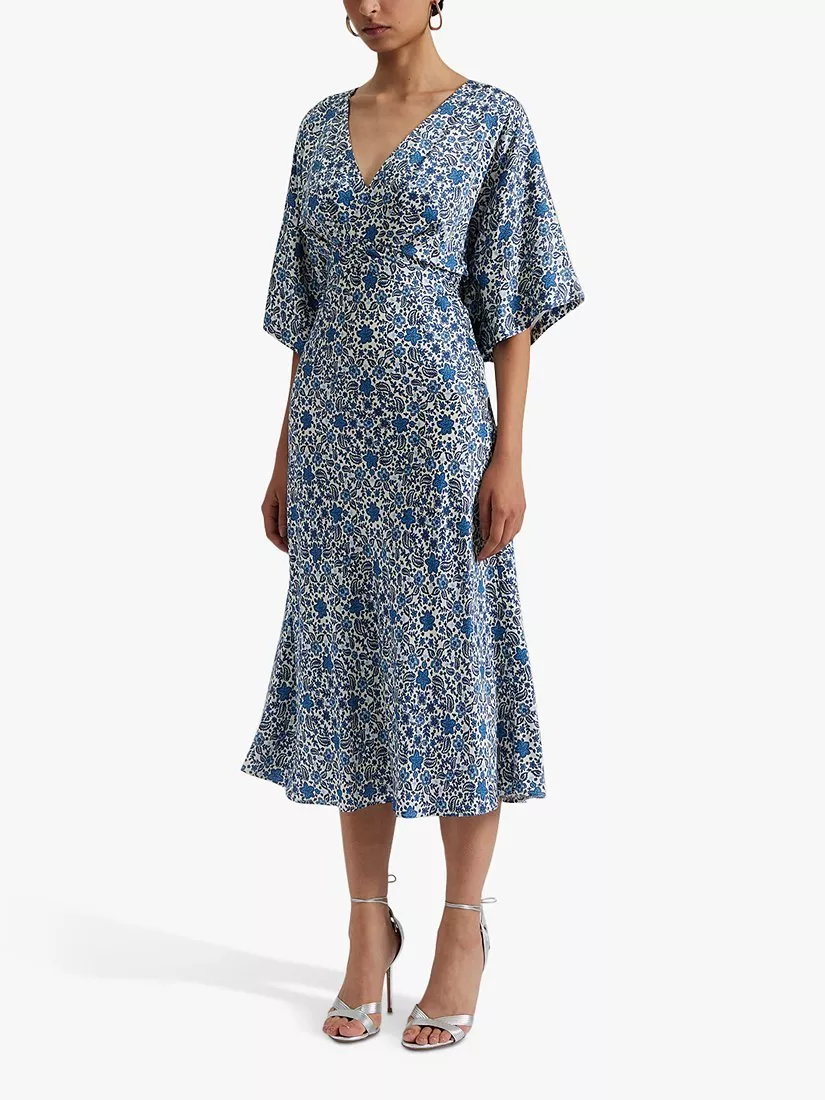 Malina Juno Coastal Floral Satin Batwing Midi Dress Blue Multi