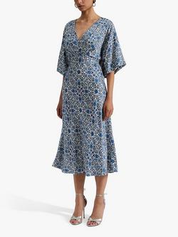 Malina Juno Coastal Floral Satin Batwing Midi Dress, Blue/Multi, Coastal Florals