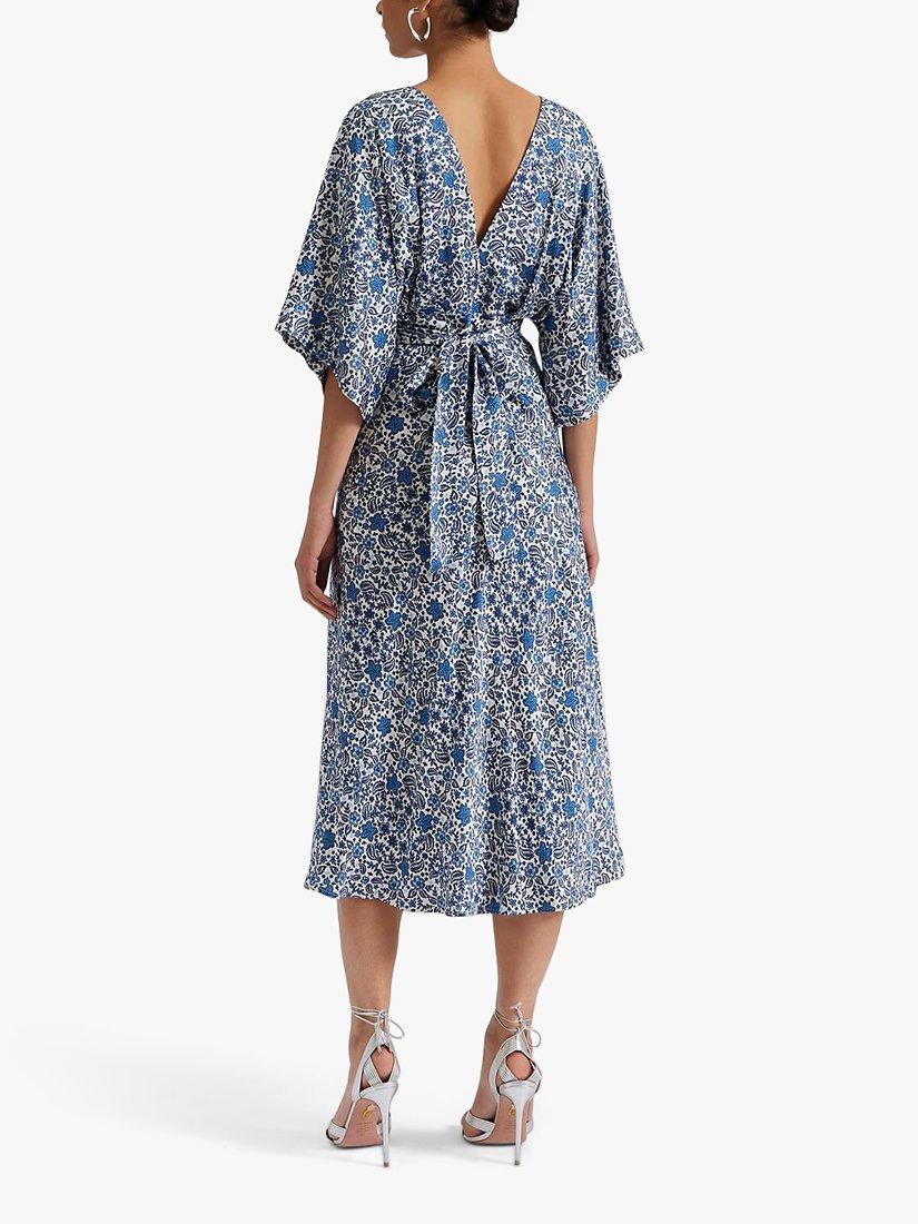 Product image 2 of 4, which shows Malina Juno Coastal Floral Satin Batwing Midi Dress, Blue/Multi, S