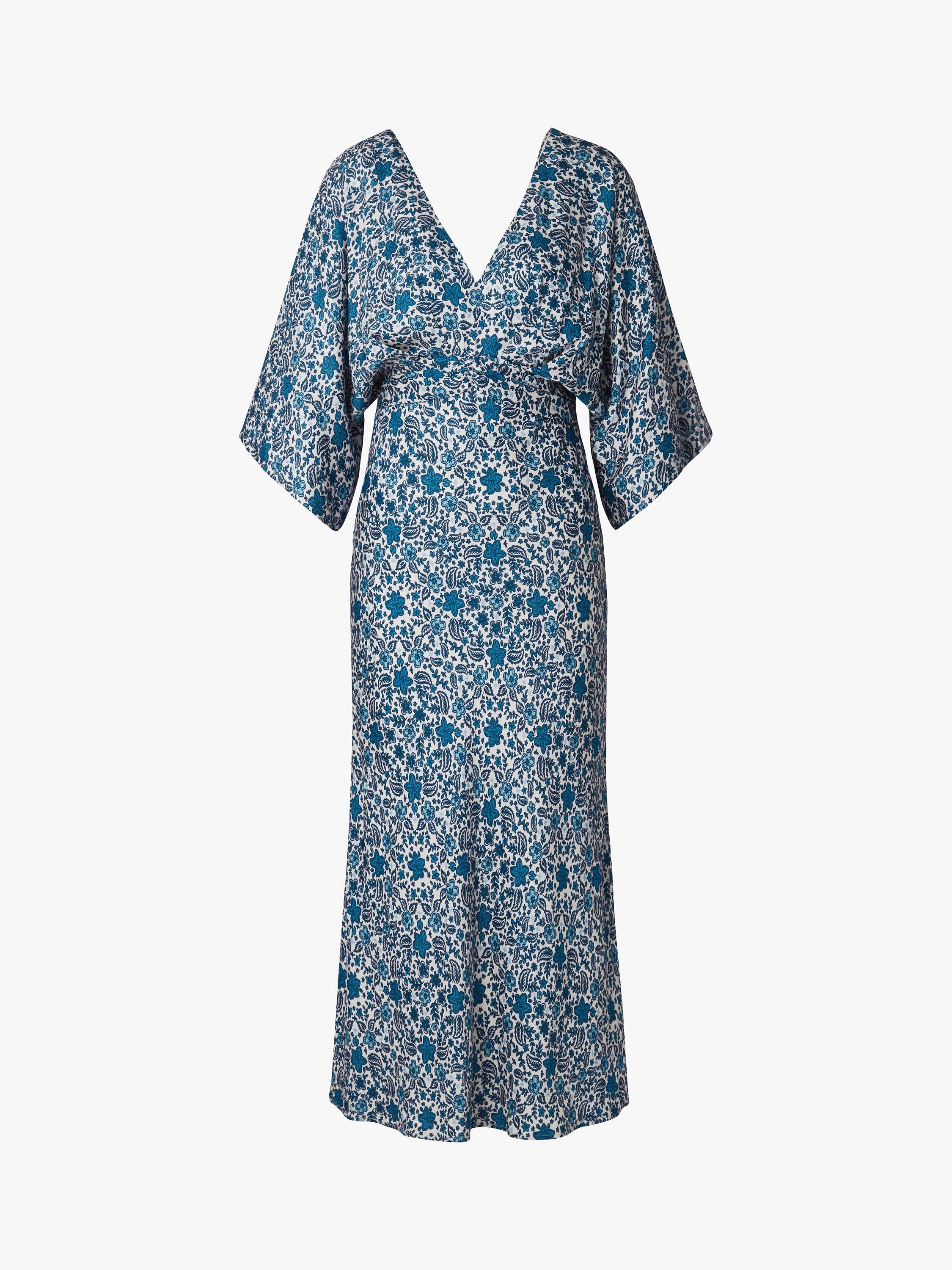 Product image 4 of 4, which shows Malina Juno Coastal Floral Satin Batwing Midi Dress, Blue/Multi, S