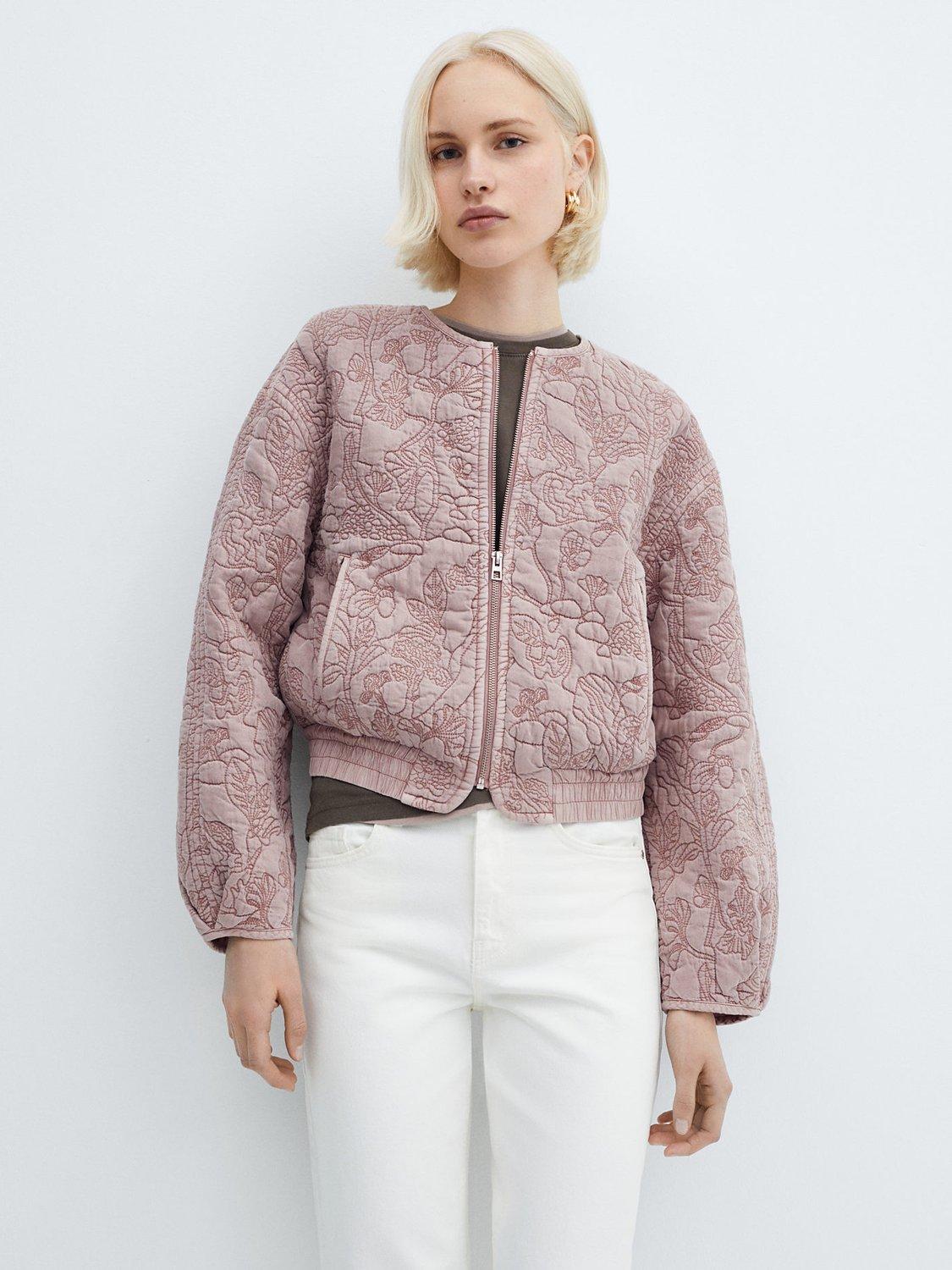 Mango Maui Floral Embroidery Quilted Jacket, Pastel Pink