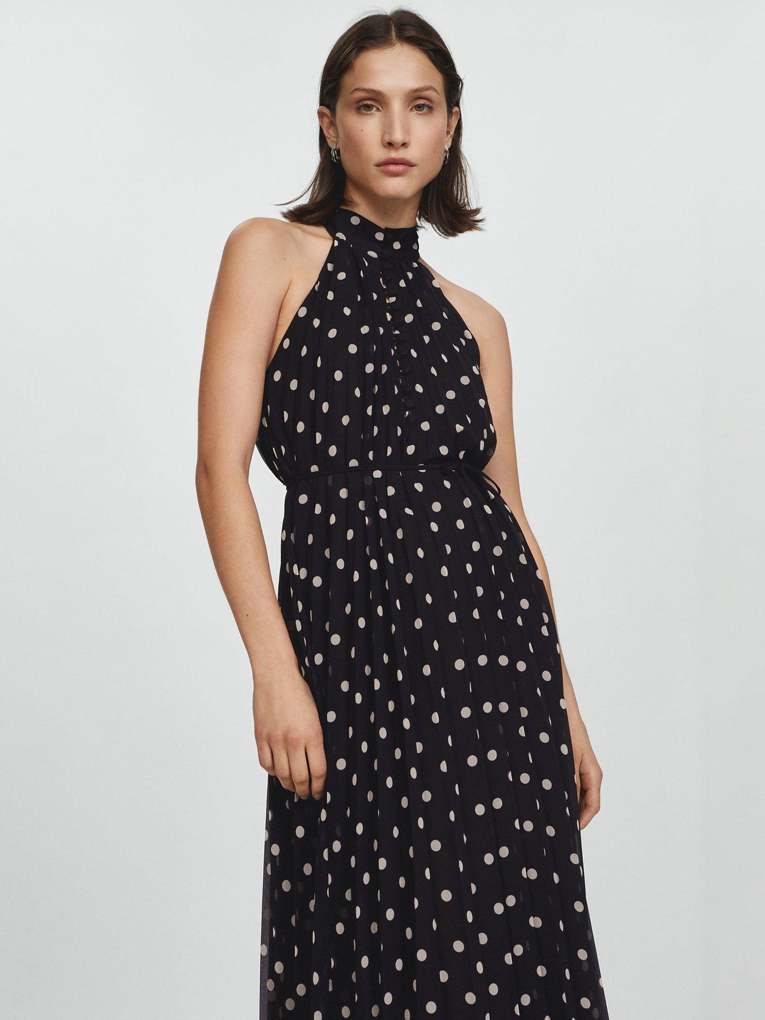 Mango Adela Polka Dot Pleated Midi Dress Black