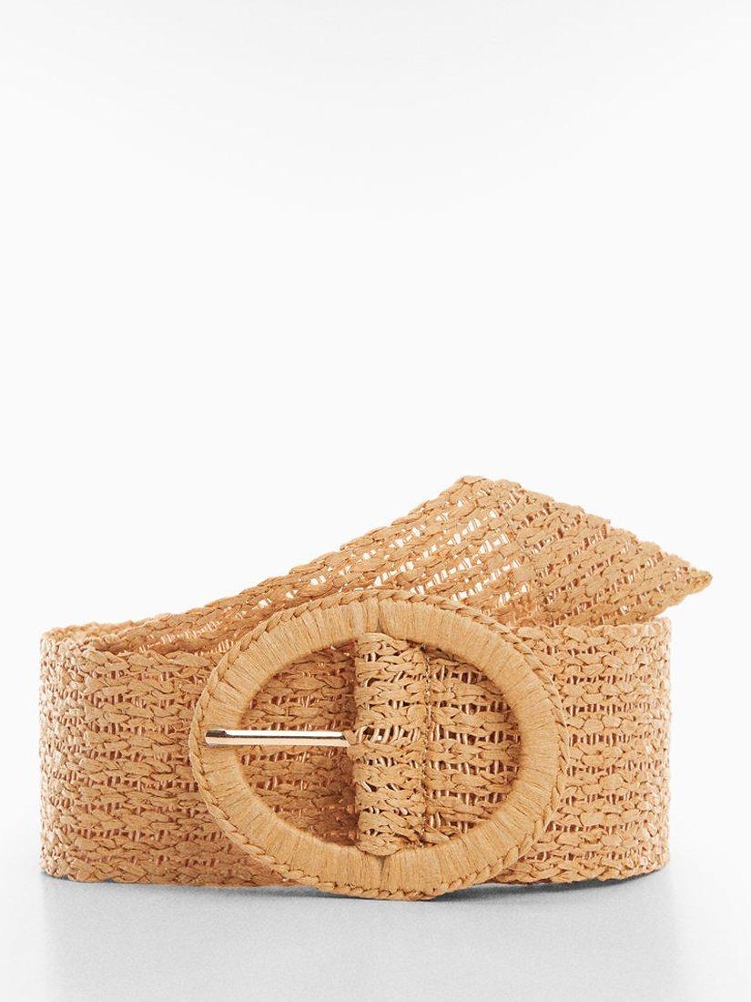 Mango Miri Raffia Buckle Belt, Light Beige