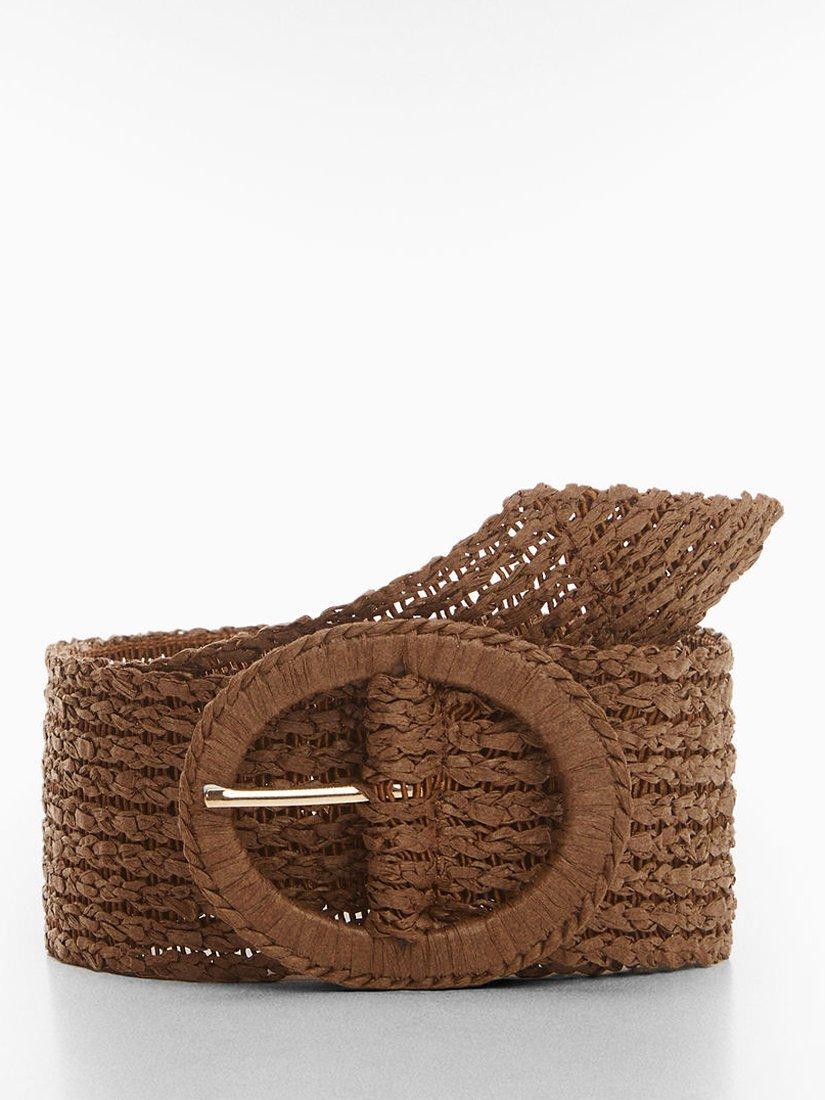 Mango Miri Raffia Buckle Belt, Brown