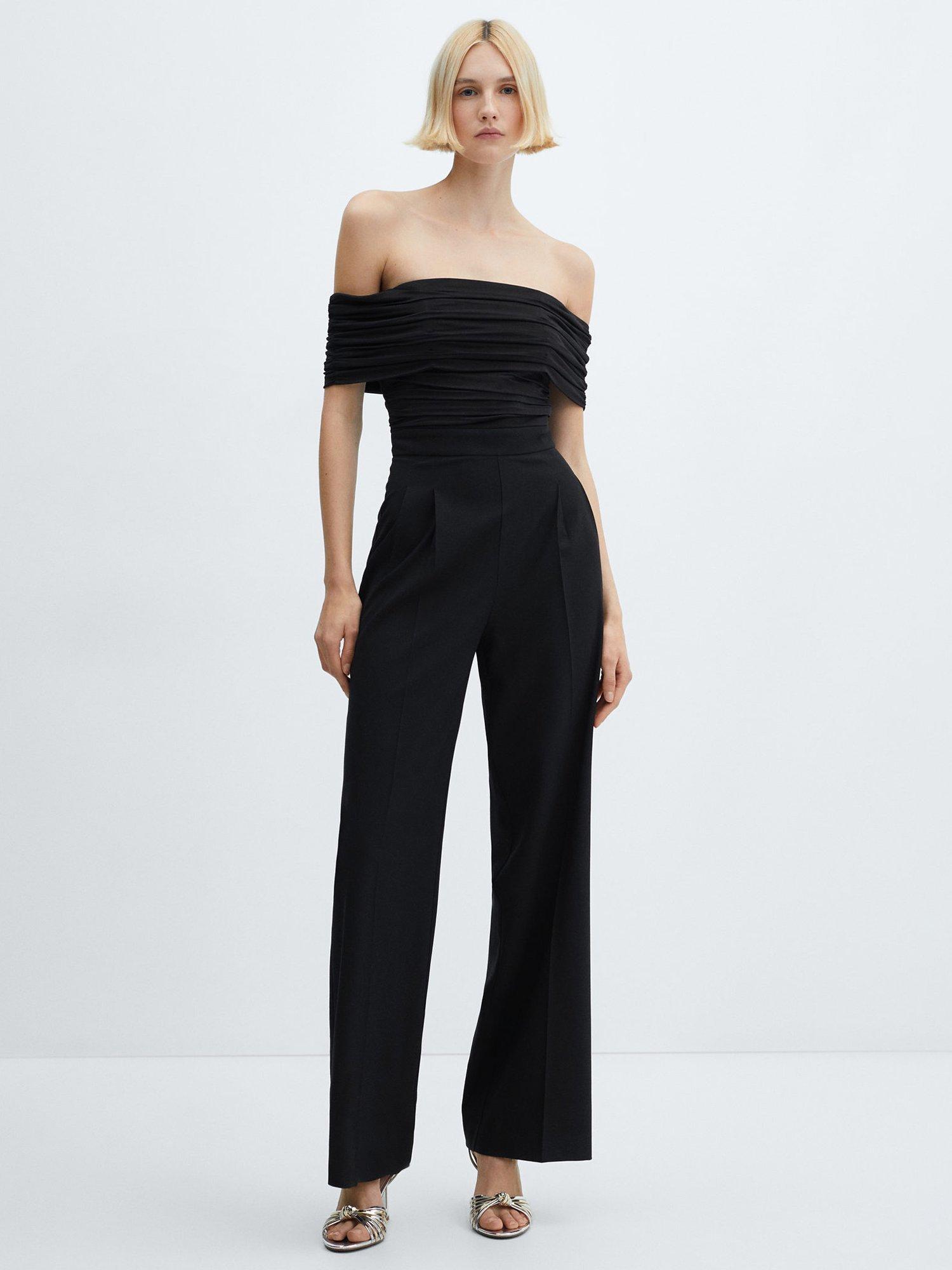 Mango Ruched Bodice Bardot Jumpsuit, Black