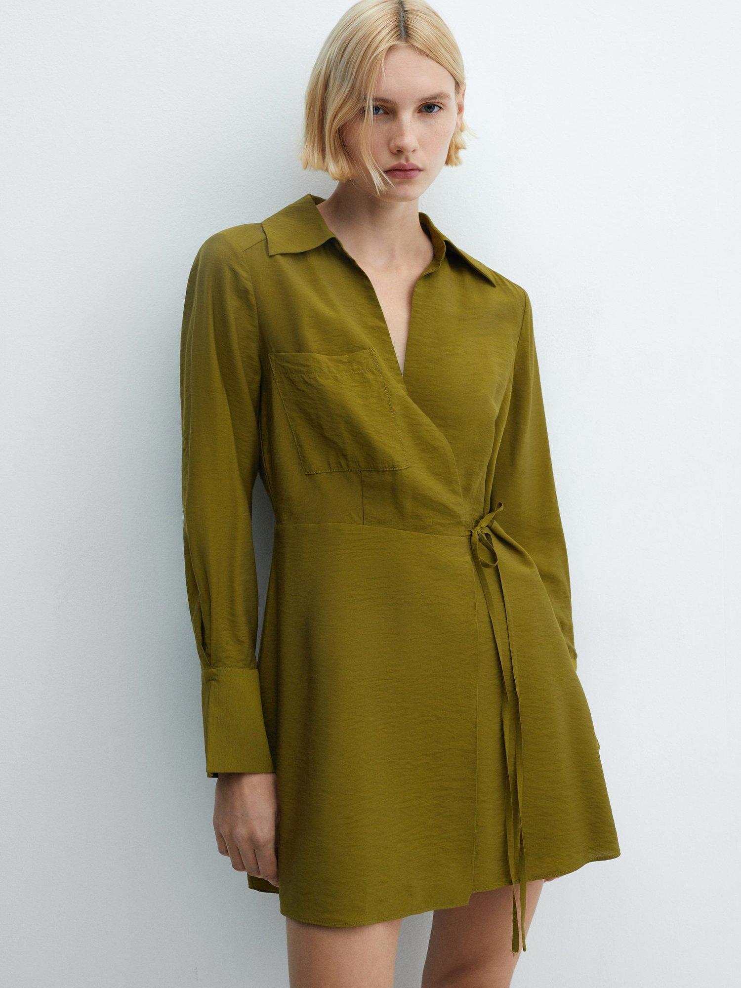 Mango Vane Bow Wrap Mini Dress, Beige/Khaki