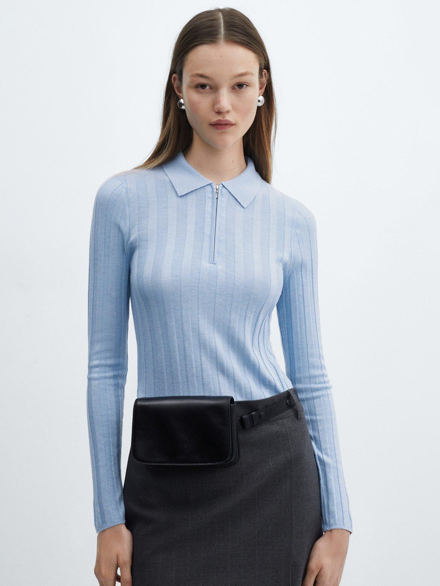 Mango Lukapol Zip Neck Jumper, Light Pastel Blue