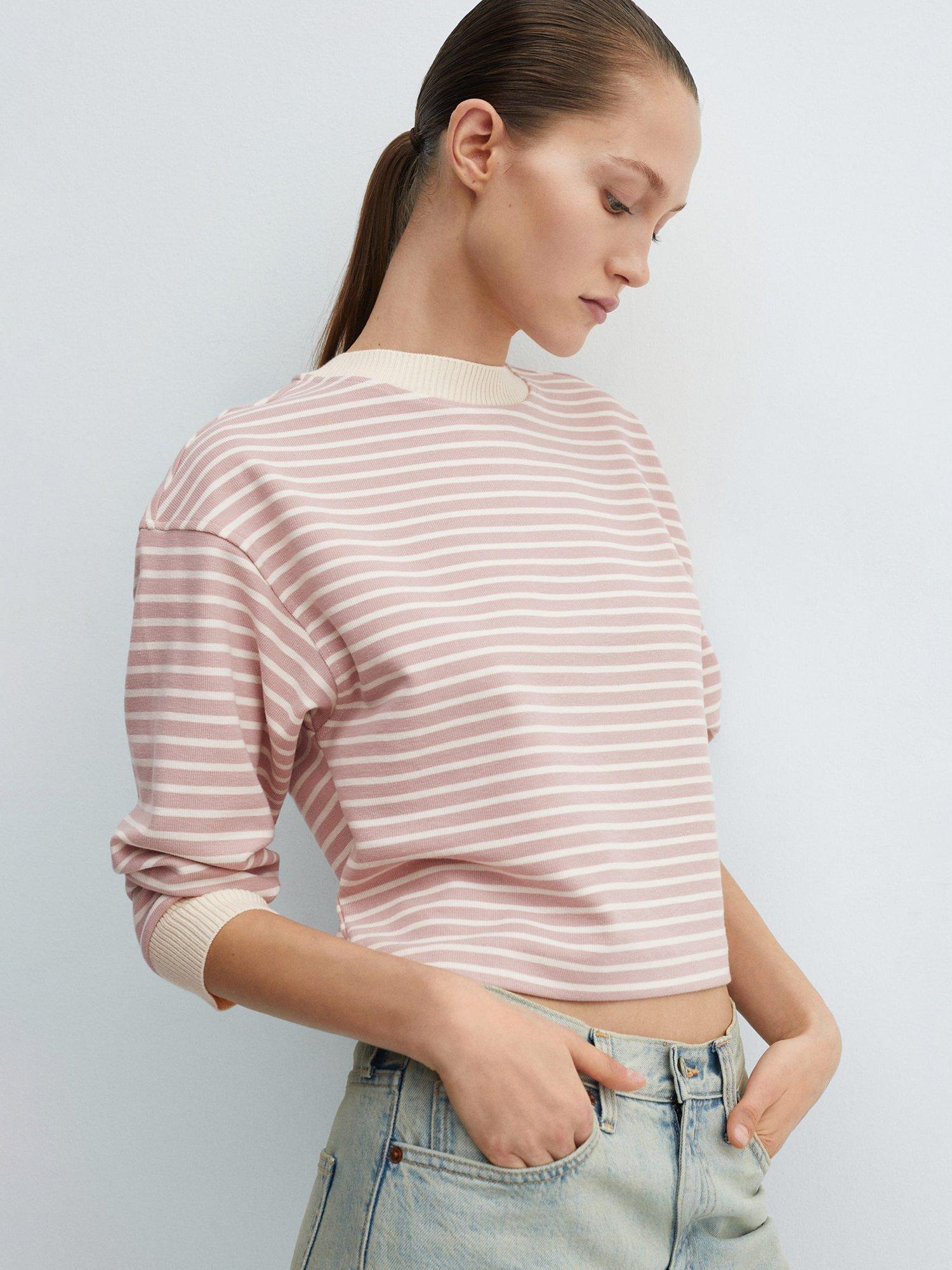 Mango Rose Cotton Blend Striped Sweatshirt