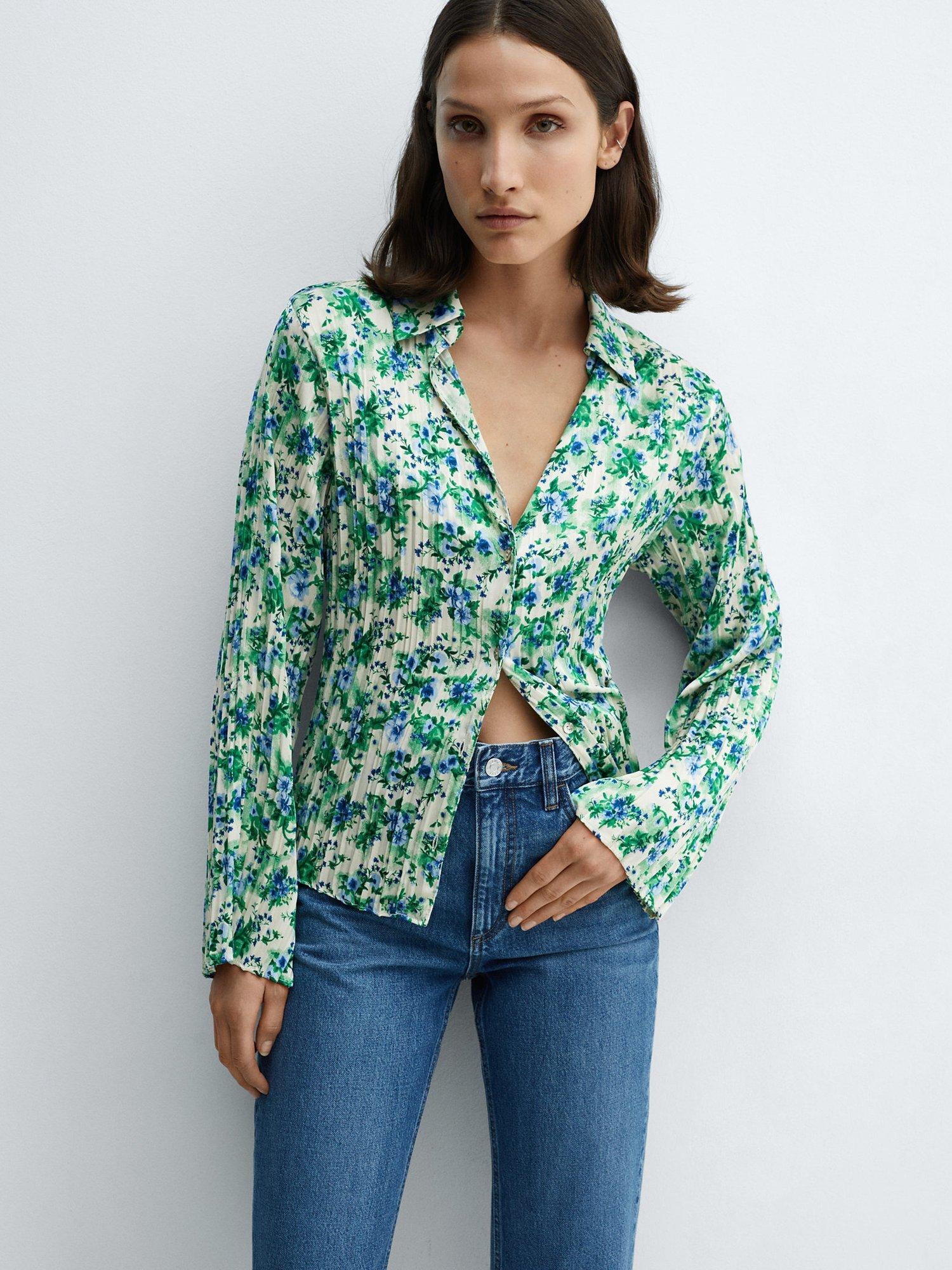 Mango Floral Print Shirred Shirt, Ivory/Multi