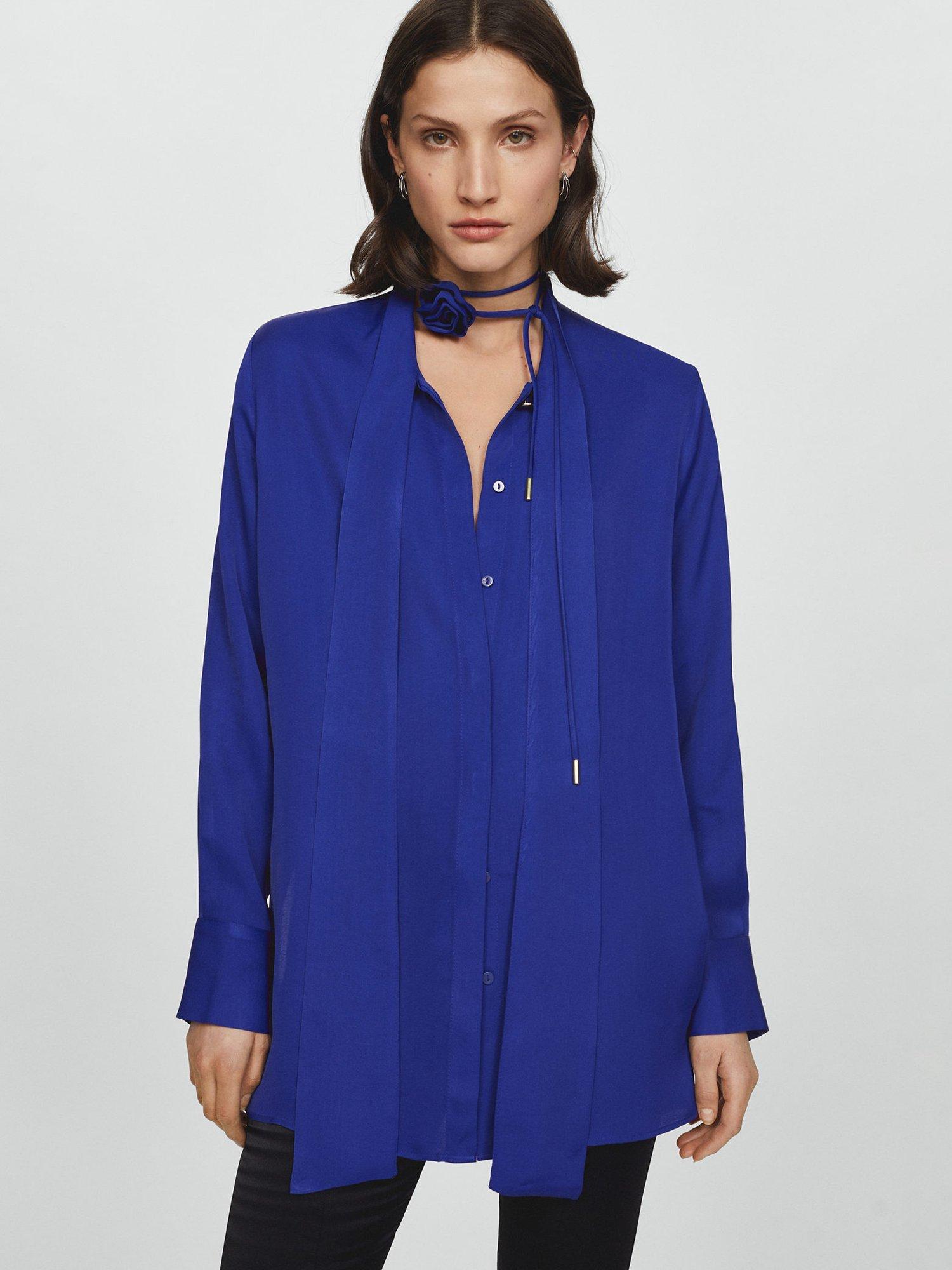 Mango Dalia Flower Choker Tie Neck Blouse, Medium Blue