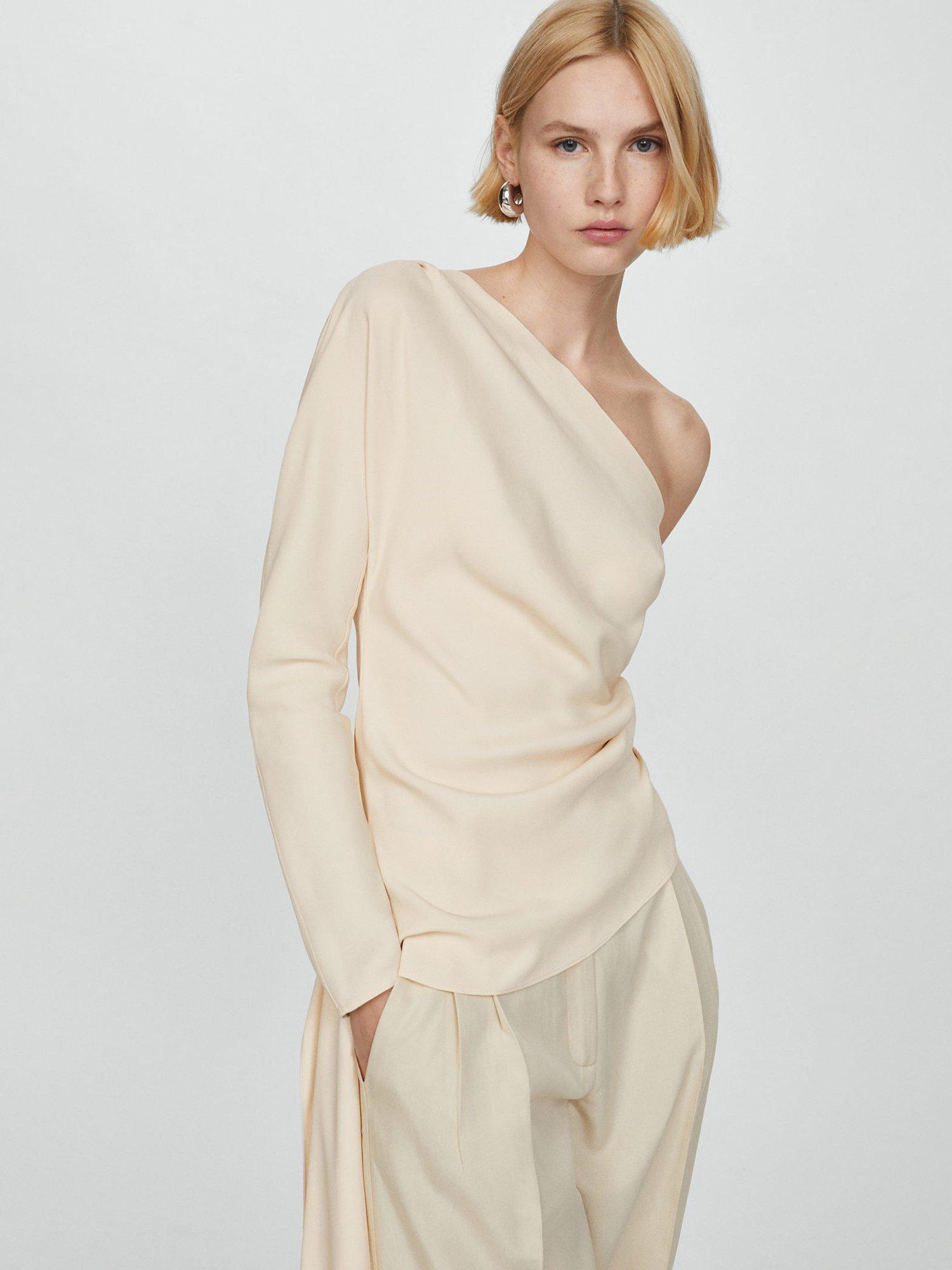 Mango Laura Ruffle Asymmetric Blouse, Light Beige
