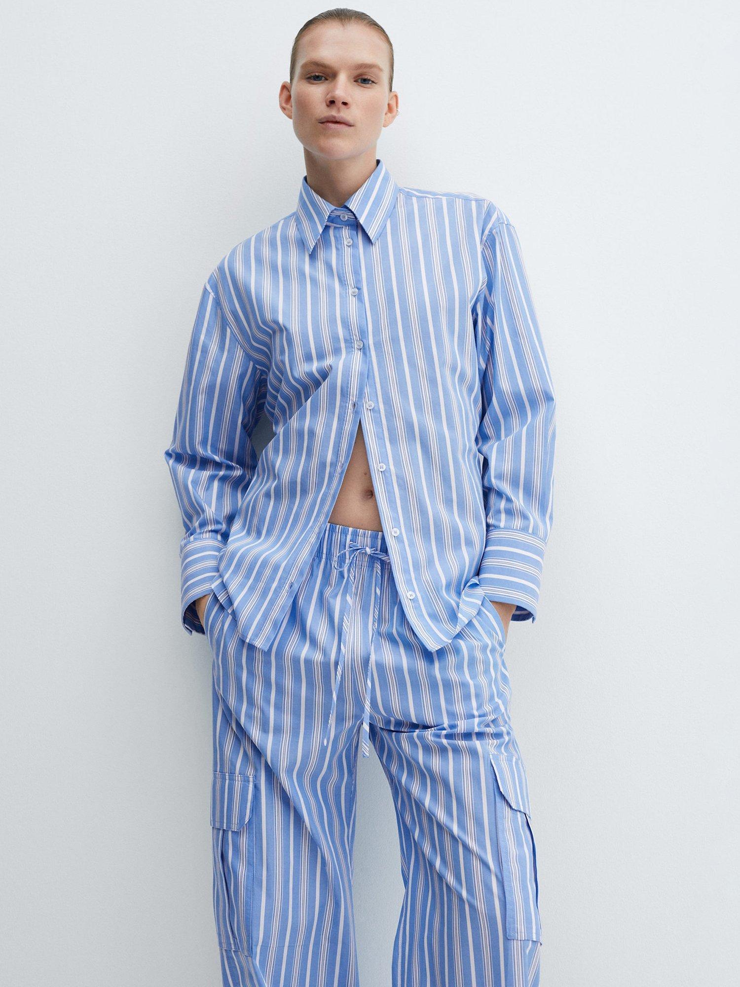 Mango Seoul Stripe Cotton Shirt, Pastel Blue