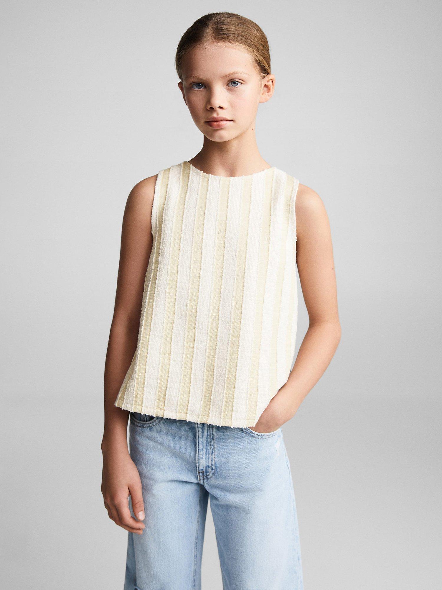 Mango Kids' Isa Textured Stripe Cross Back Top, Light Beige