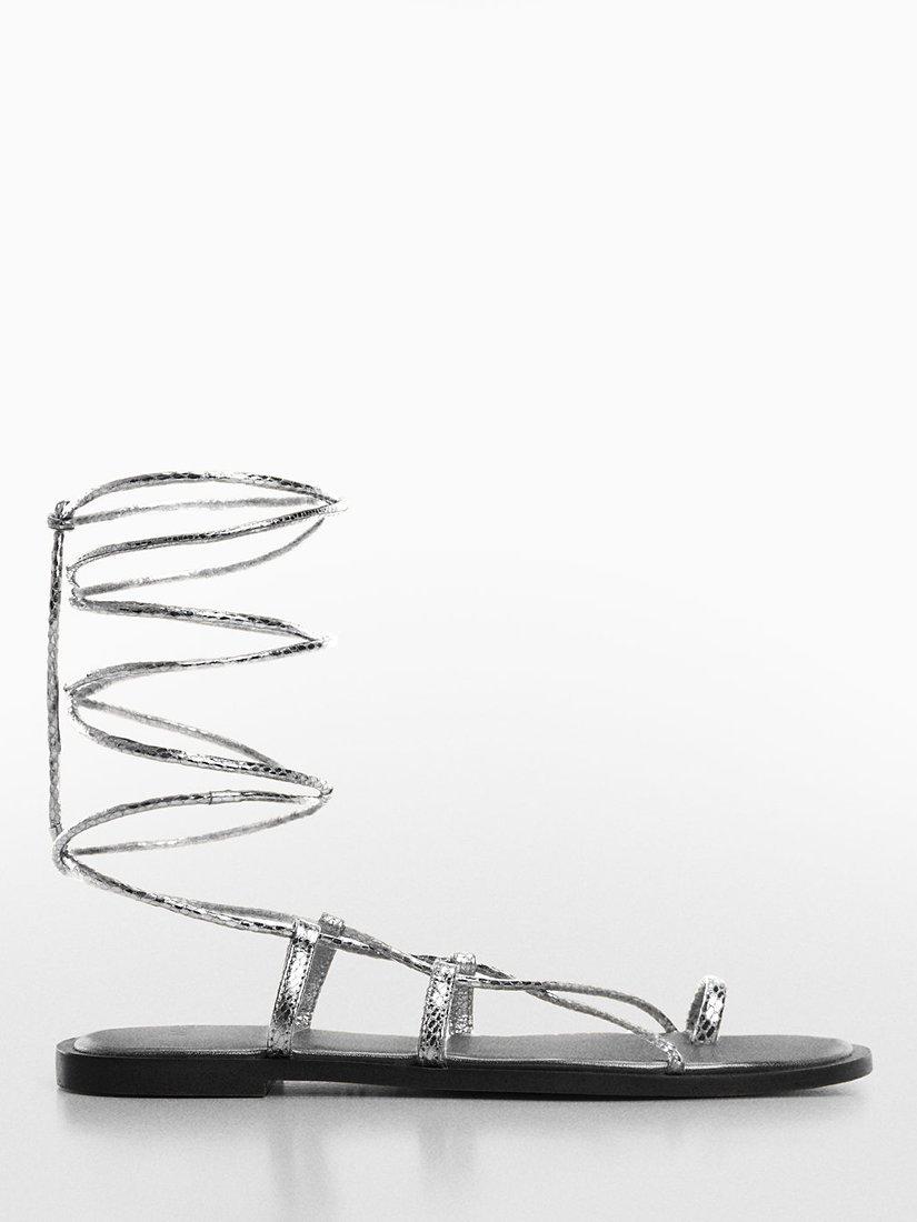 Mango Gozo Strappy Leather Flat Sandals, Silver