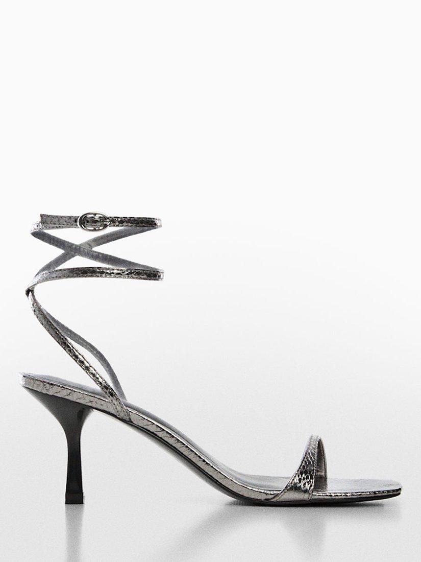 Product image 1 of 4, which shows Mango Paula Snake Effect Ankle Strap Sandals, Silver, 6