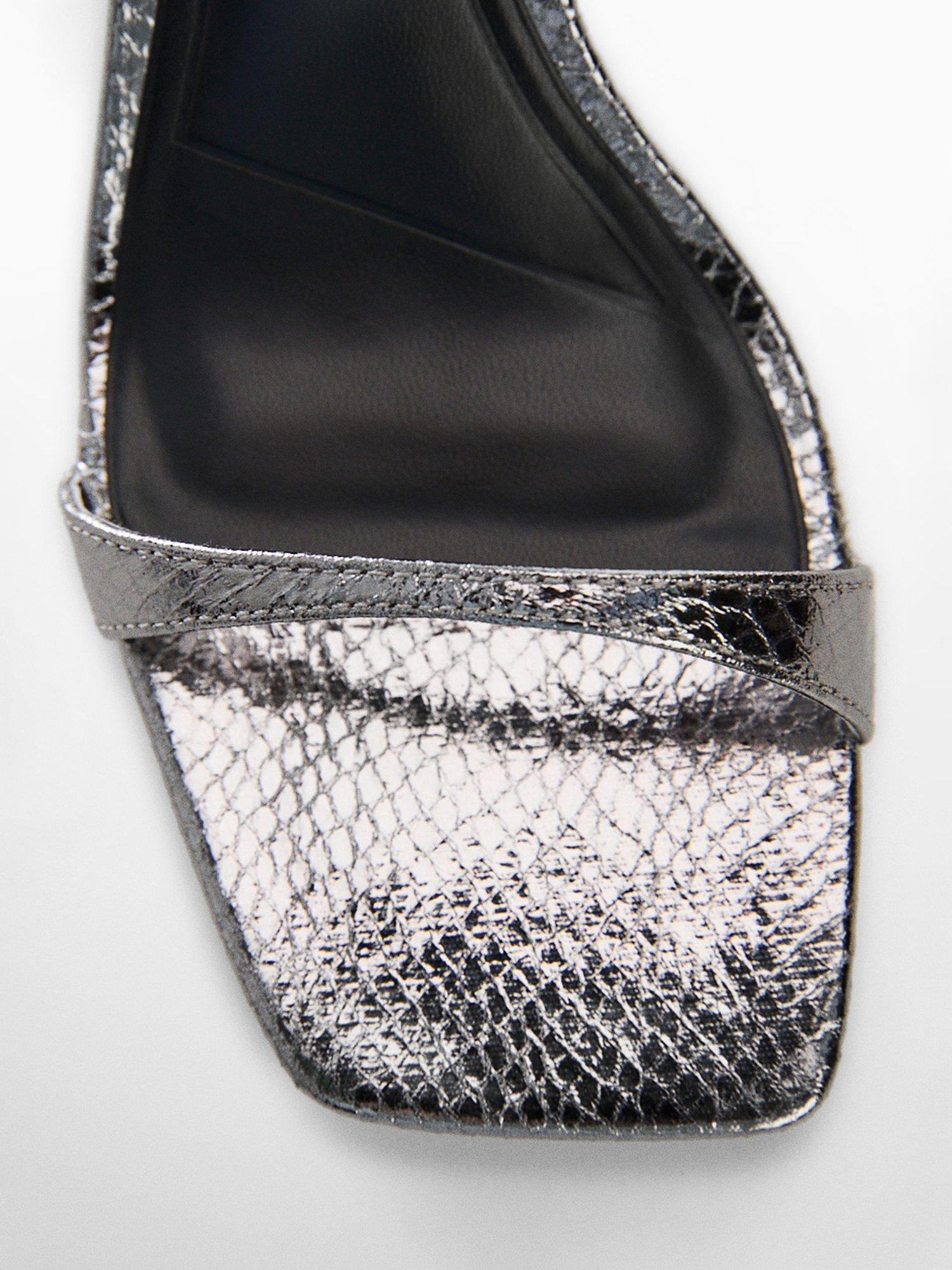 Product image 4 of 4, which shows Mango Paula Snake Effect Ankle Strap Sandals, Silver, 6