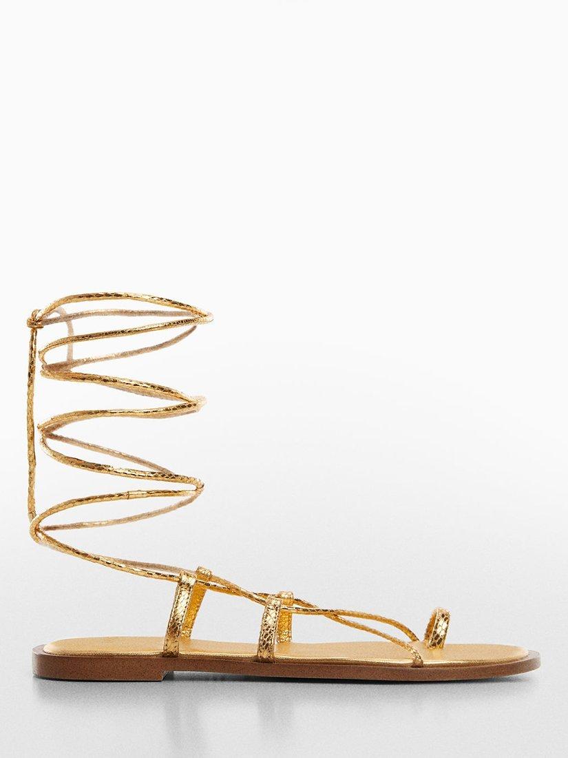 Mango Gozo Strappy Leather Flat Sandals, Gold