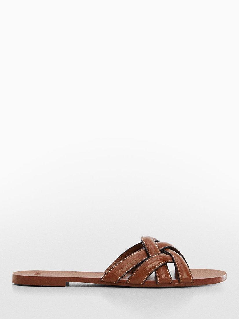 Product image 1 of 4, which shows Mango Doblet Cross Strap Leather Slider Sandals, Tan, 3