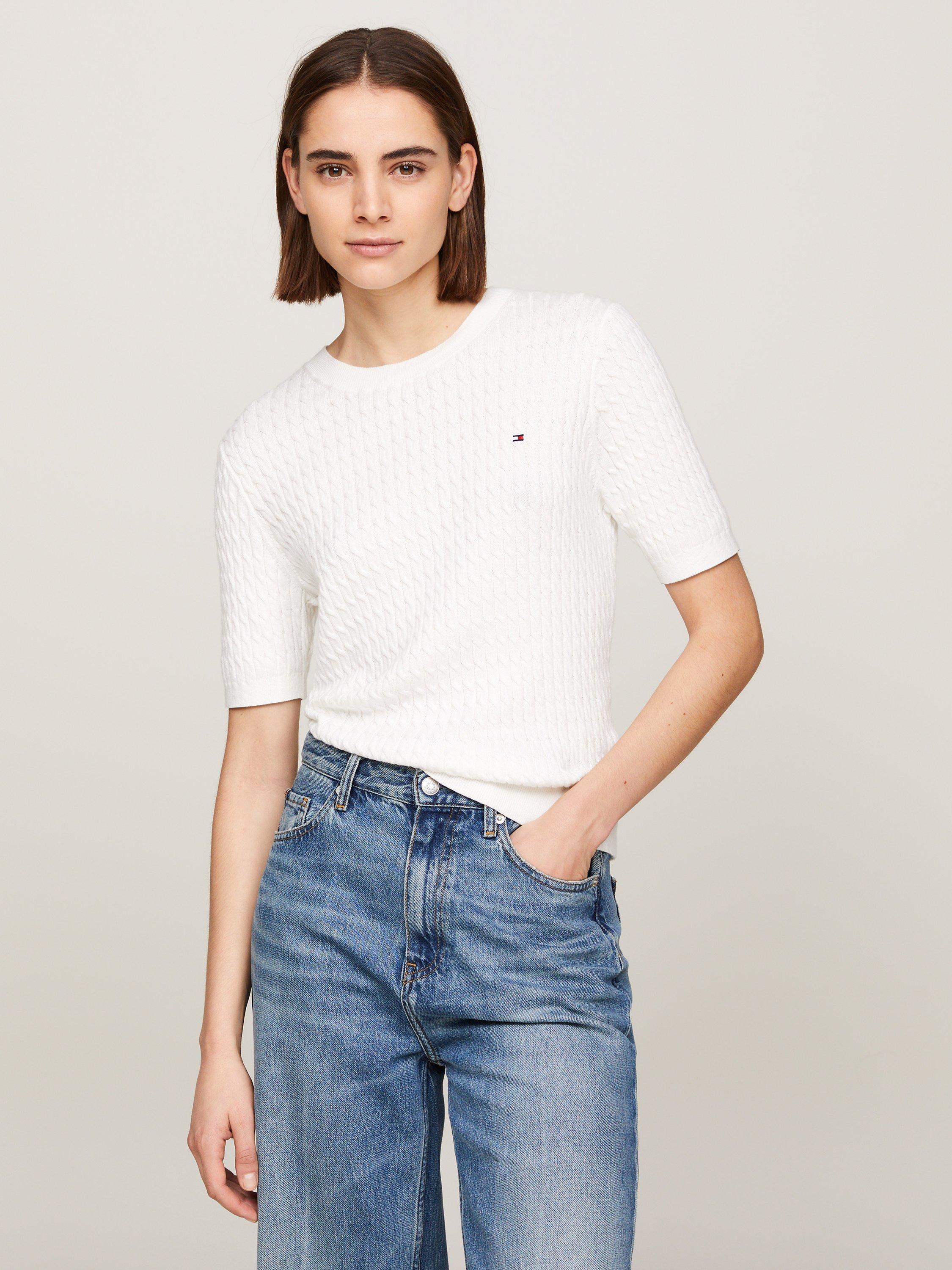 Product image 1 of 5, which shows Tommy Hilfiger Short Sleeve Cable Knit Jumper, Ecru, XS