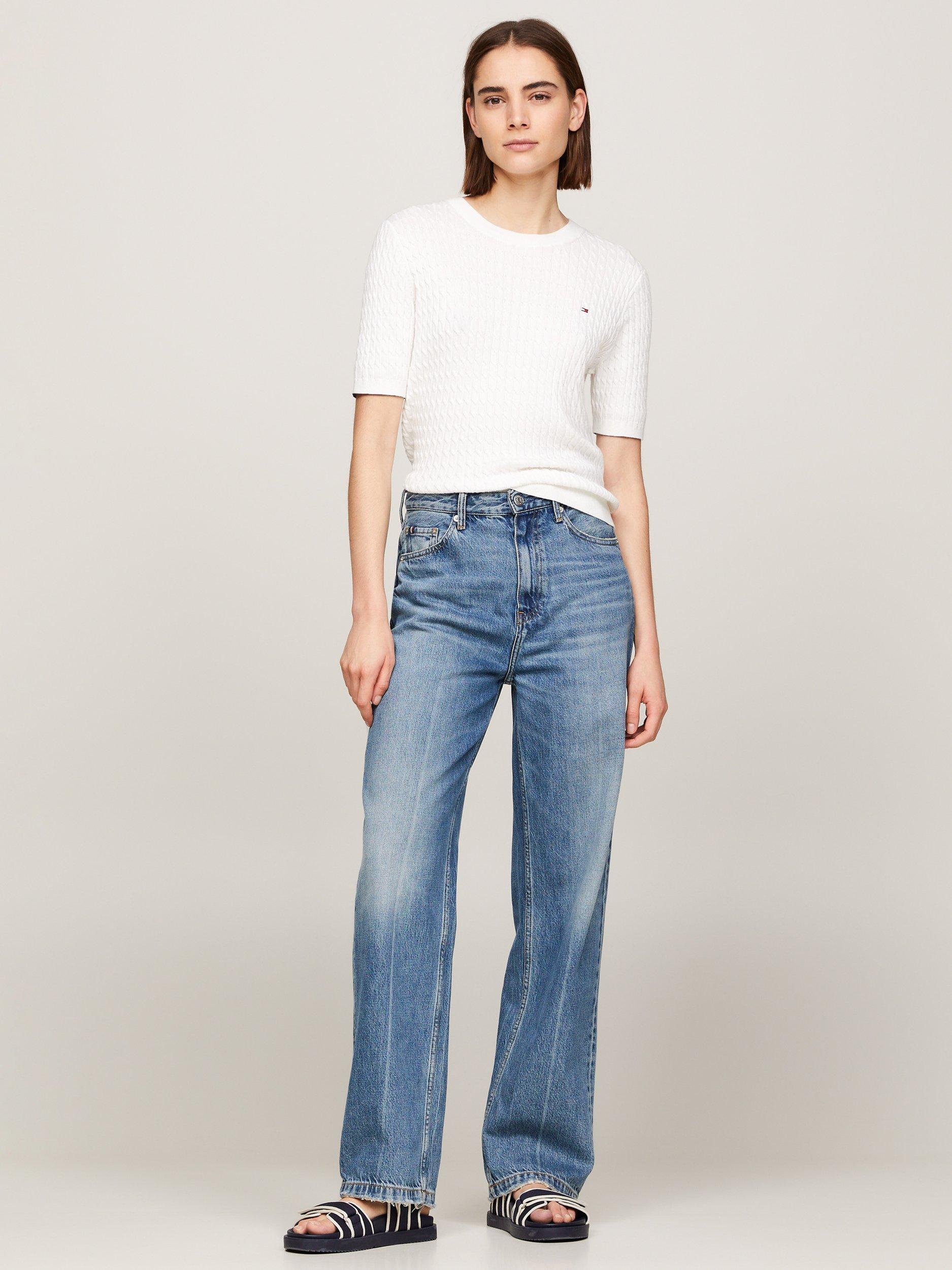 Product image 4 of 5, which shows Tommy Hilfiger Short Sleeve Cable Knit Jumper, Ecru, XS
