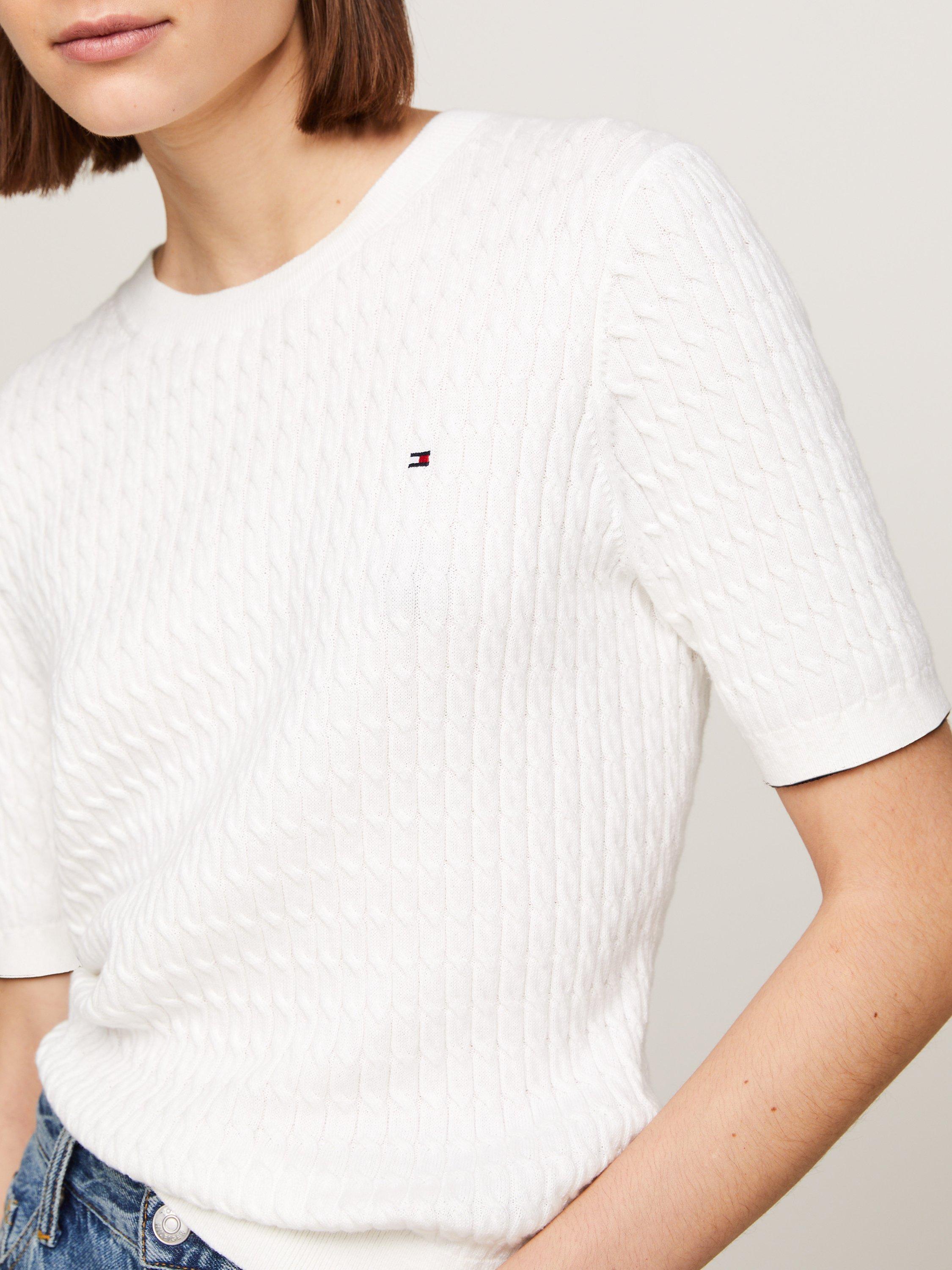 Product image 5 of 5, which shows Tommy Hilfiger Short Sleeve Cable Knit Jumper, Ecru, XS